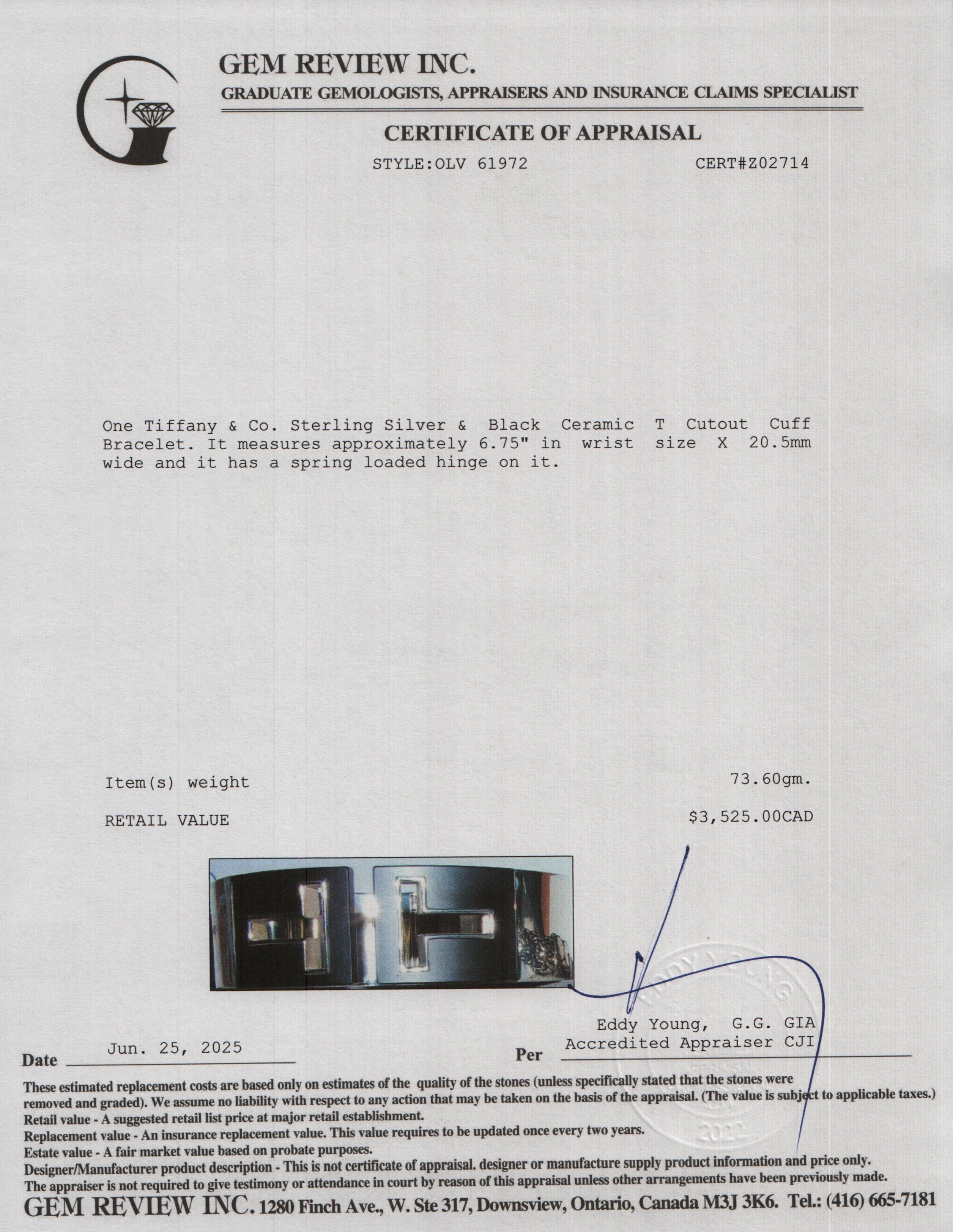 Tiffany & Co. Sterling Silver & Black Ceramic T Cutout Cuff Bracelet w/ Box