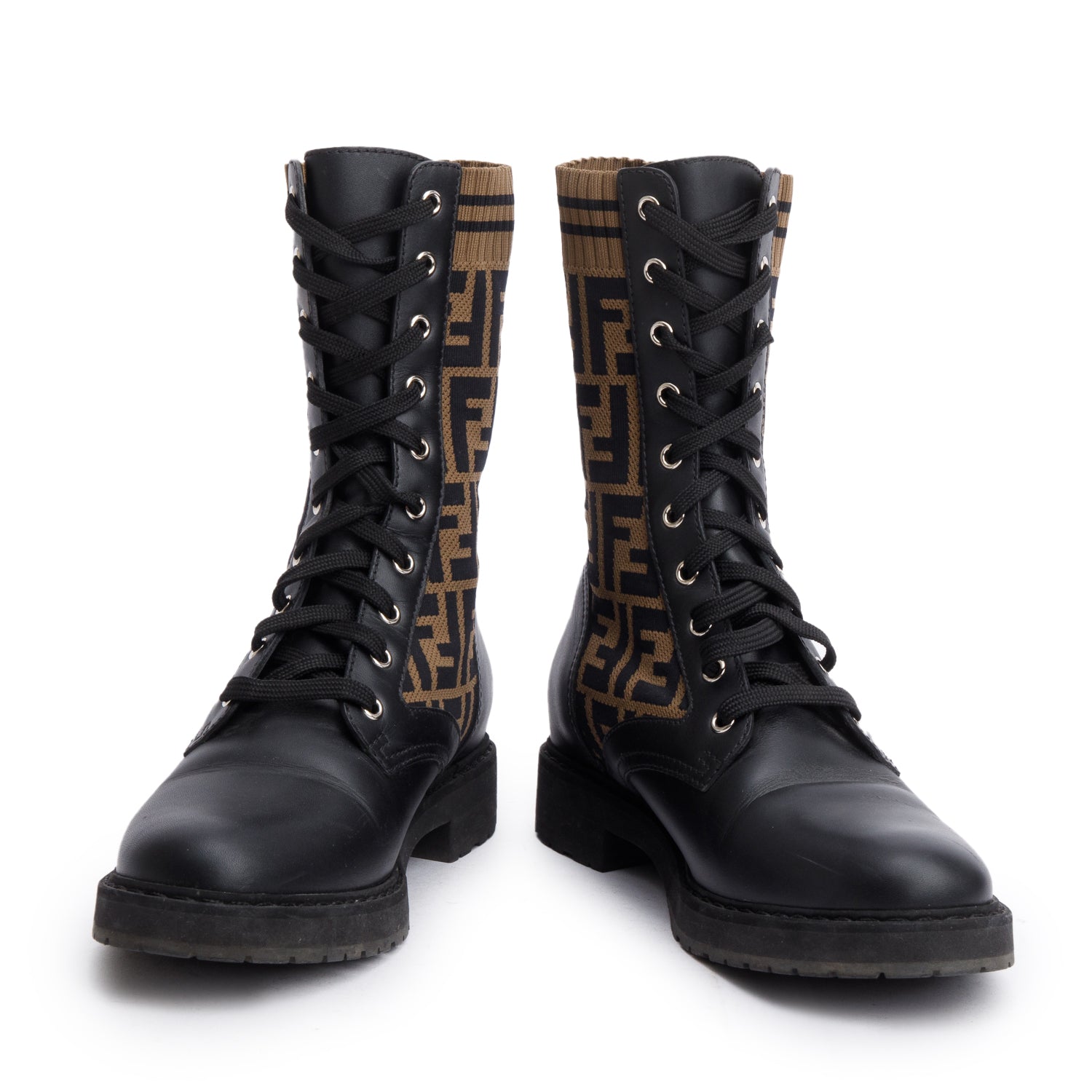 Fendi Brown FF Knit Black Leather Rockoko Combat Boots, Size 39.5