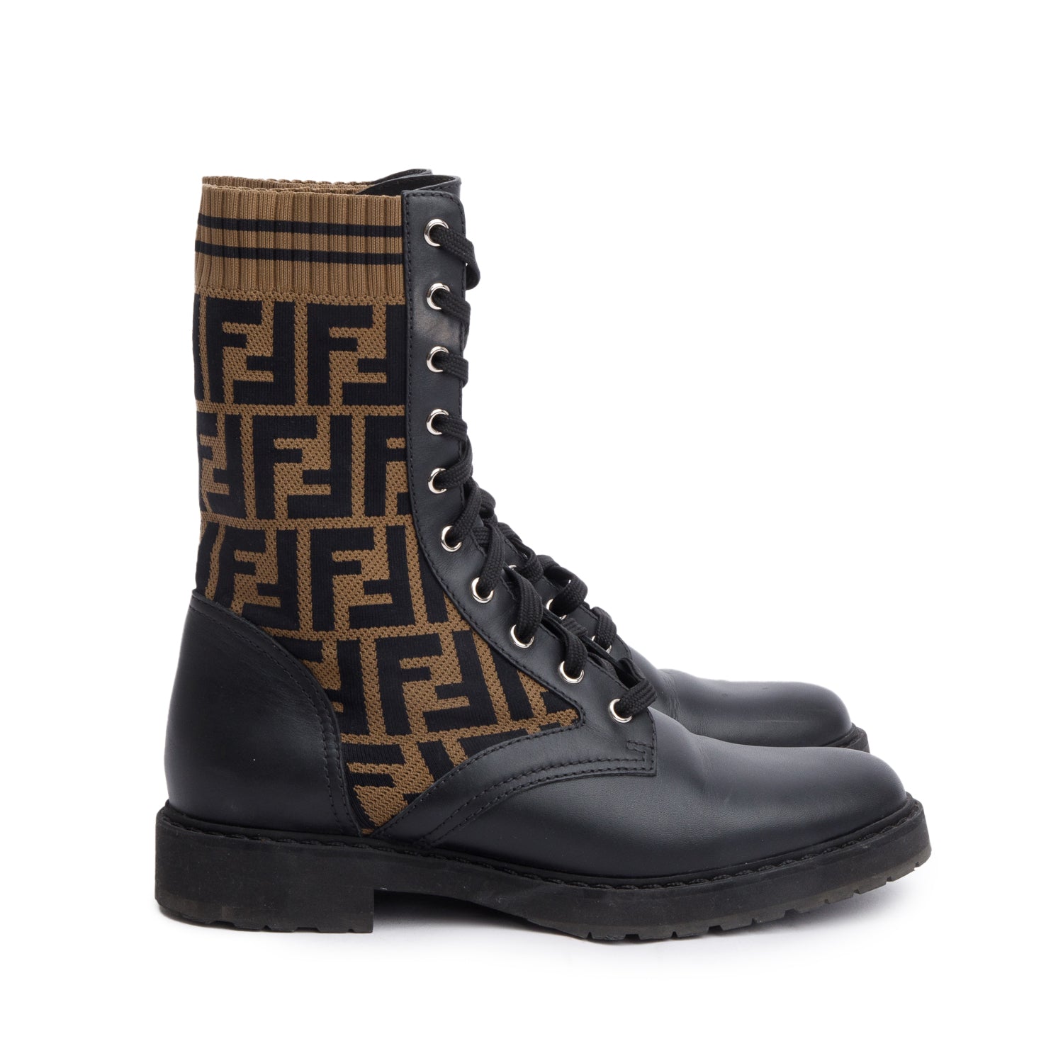 Fendi Brown FF Knit Black Leather Rockoko Combat Boots, Size 39.5