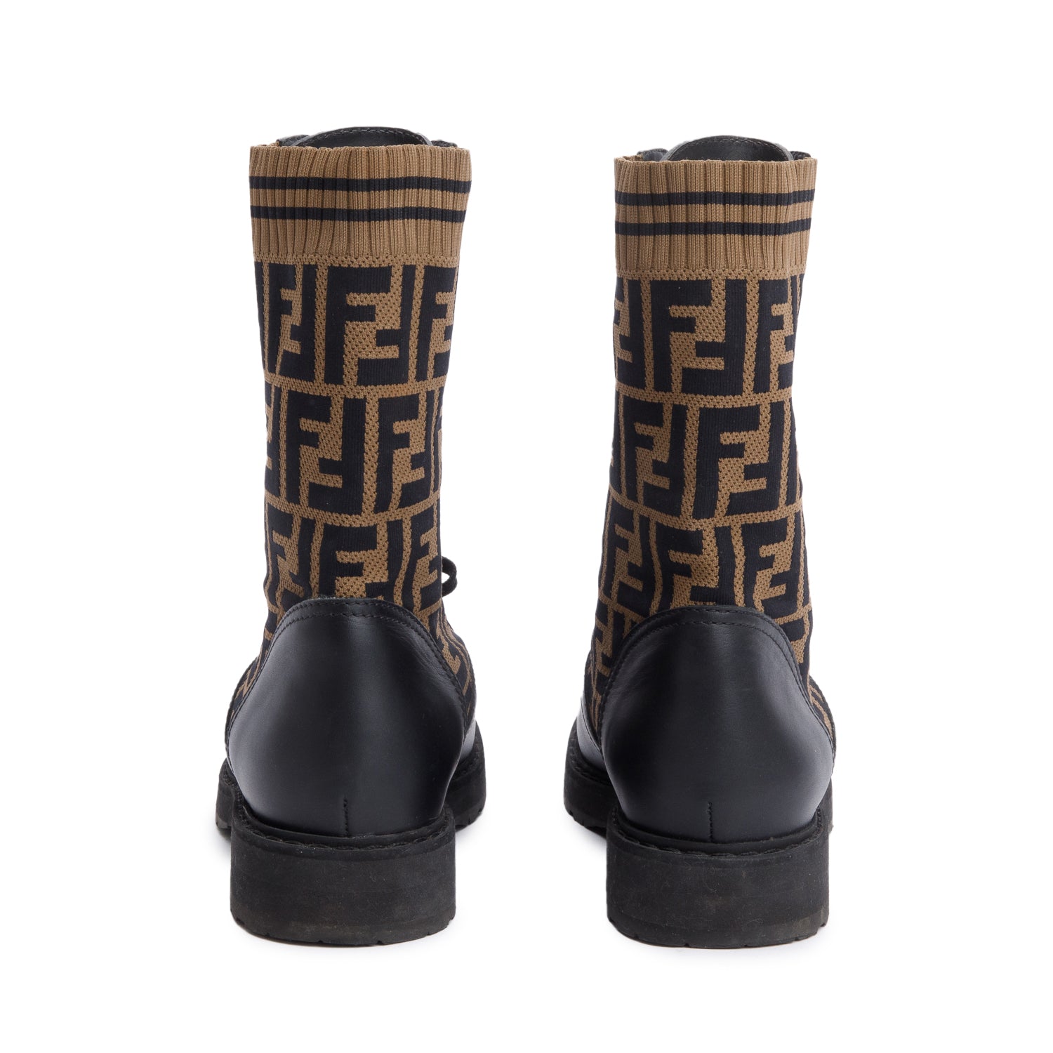 Fendi Brown FF Knit Black Leather Rockoko Combat Boots, Size 39.5