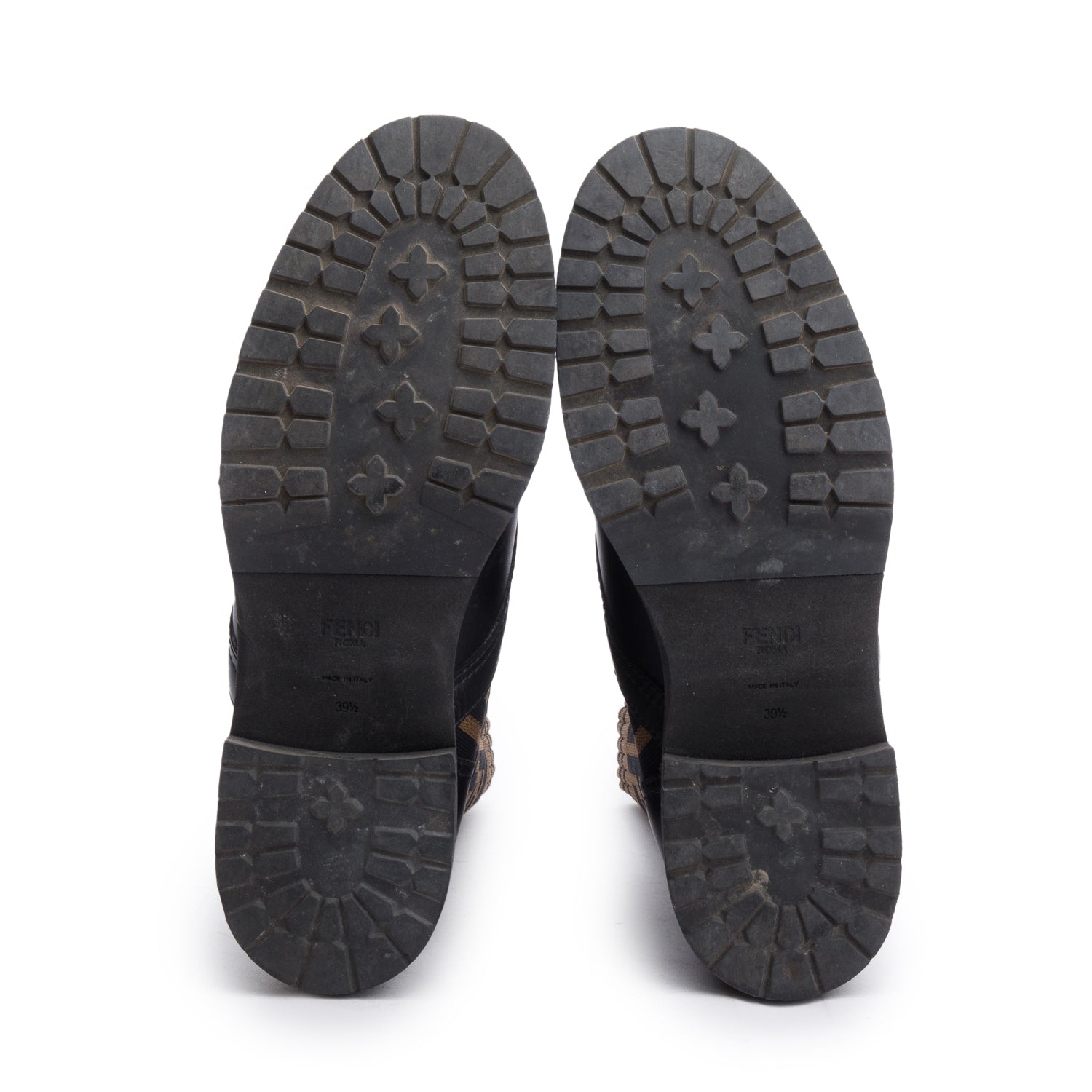 Fendi Brown FF Knit Black Leather Rockoko Combat Boots, Size 39.5