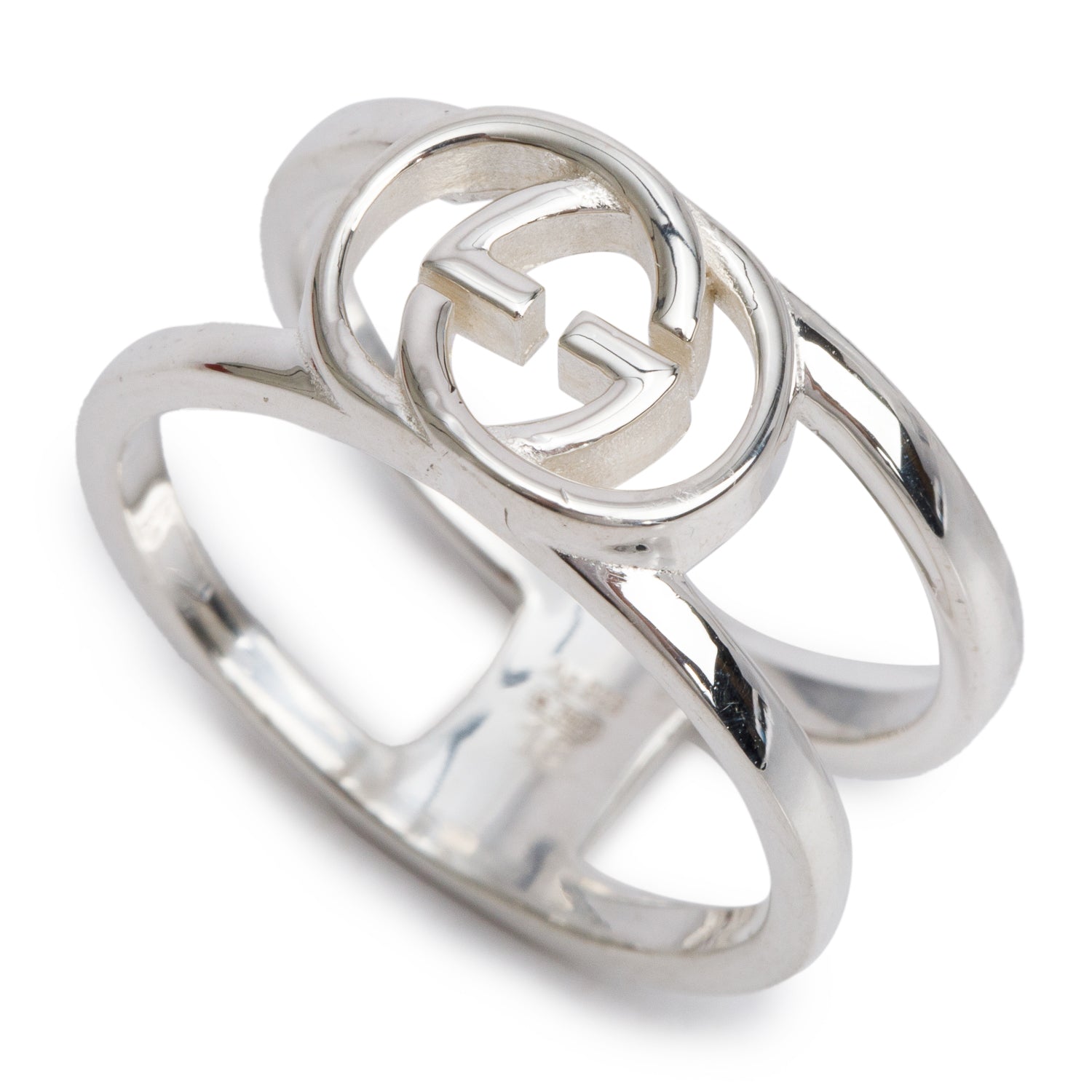 Gucci Sterling Silver Interlocking Wide Open Band Ring, Size 18 8.25