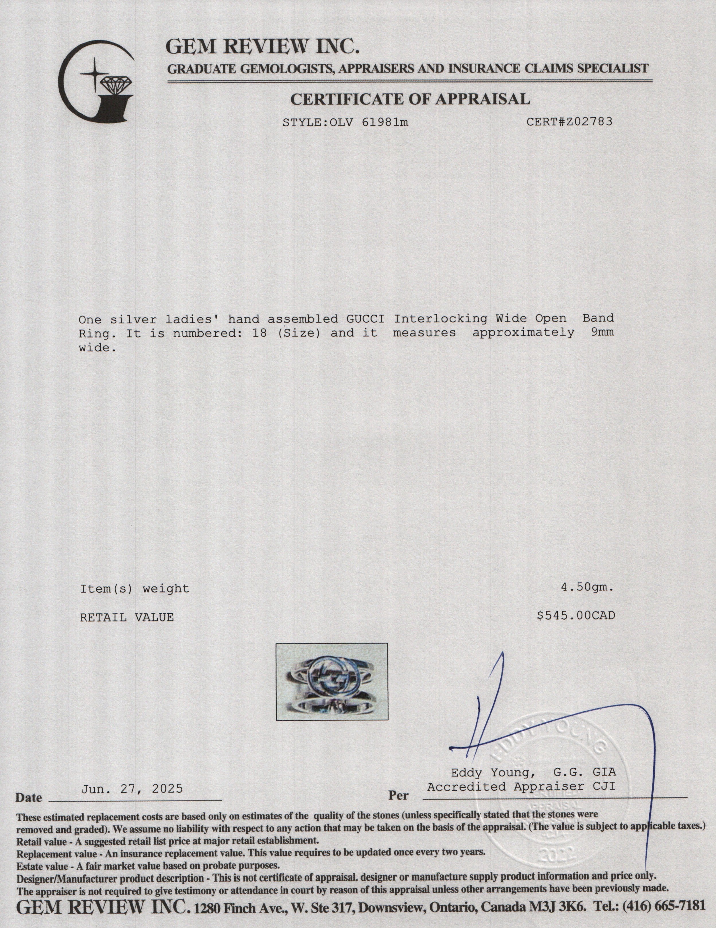 Gucci Sterling Silver Interlocking Wide Open Band Ring, Size 18 8.25