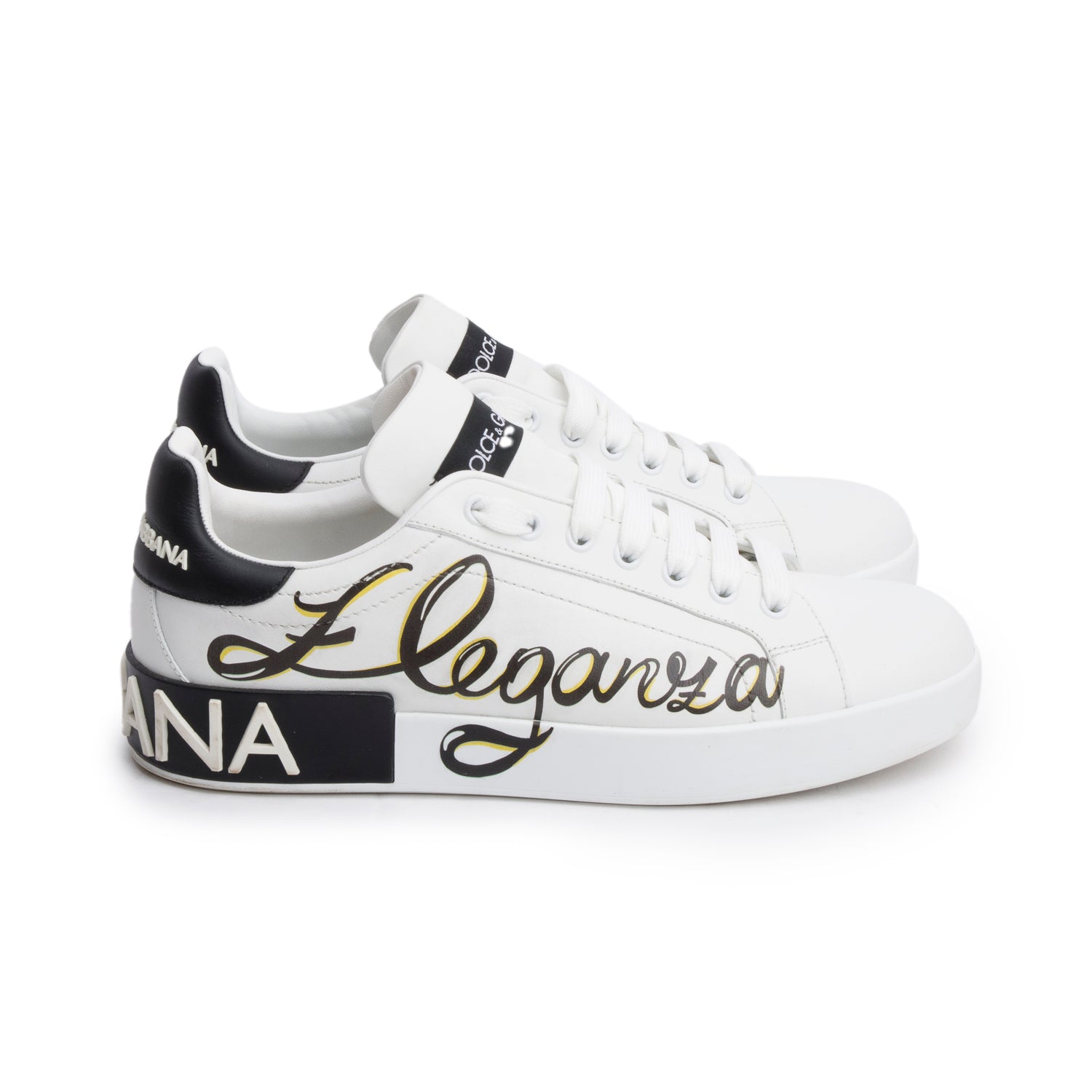 Dolce & Gabbana Black/White Printed Leather Signature Logo Portofino Sneaker, Size 40