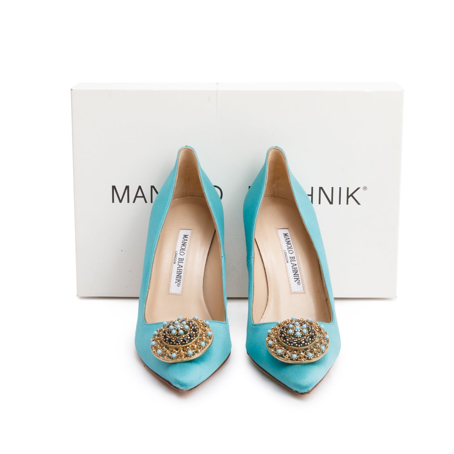 Manolo Blahnik Turquoise Satin Giuba Embellised Pumps, Size 36 w/ Box