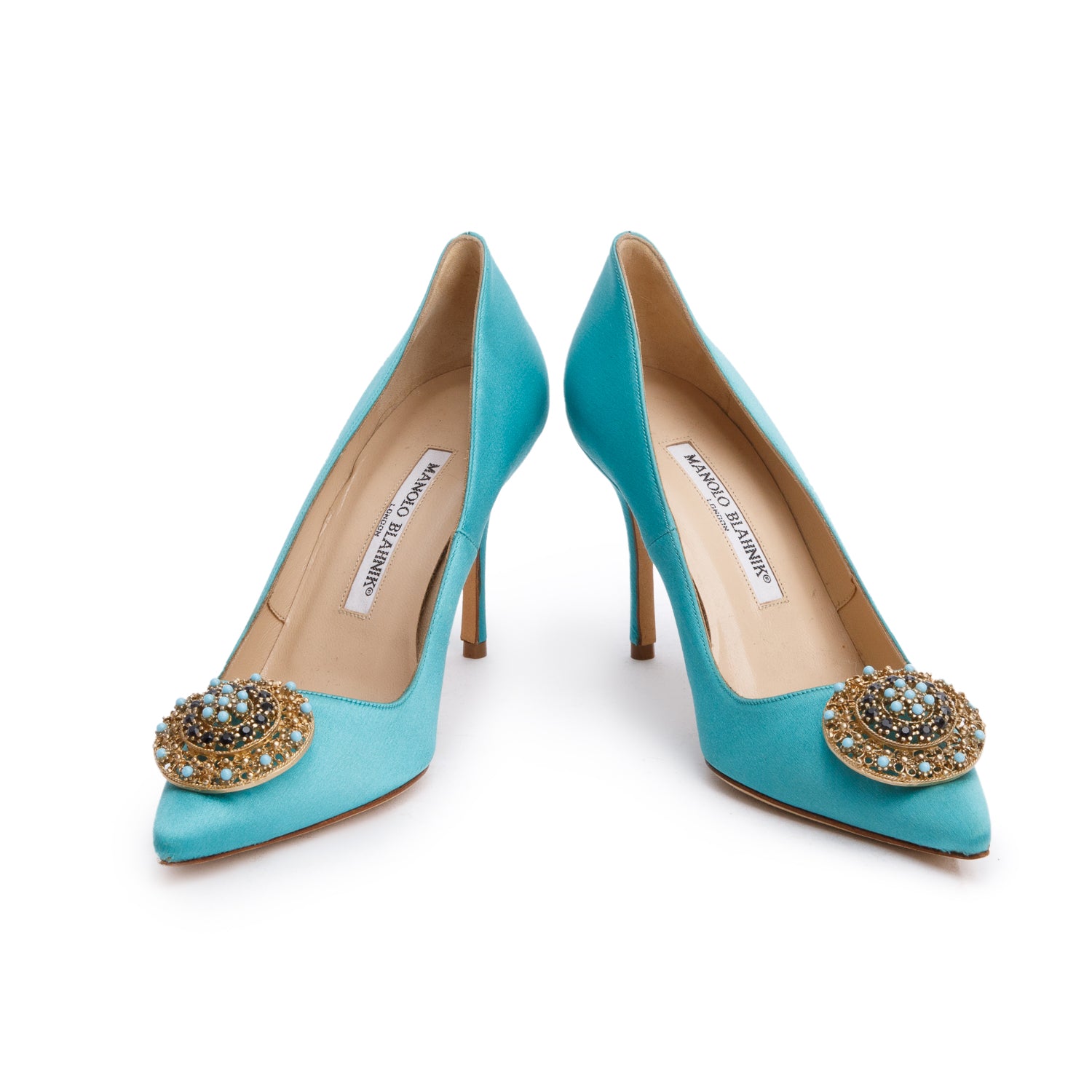 Manolo Blahnik Turquoise Satin Giuba Embellised Pumps, Size 36 w/ Box