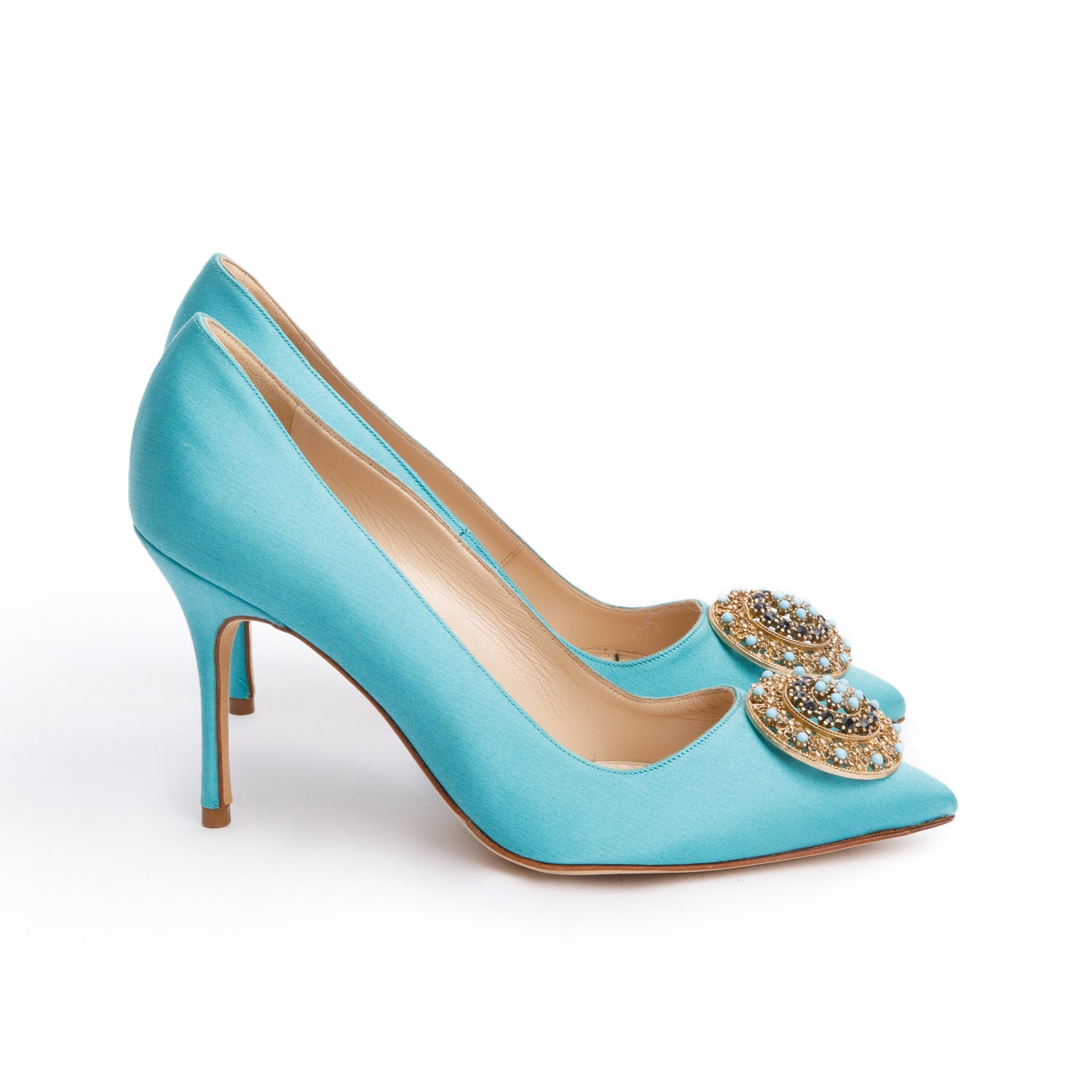 Manolo Blahnik Turquoise Satin Giuba Embellised Pumps, Size 36 w/ Box