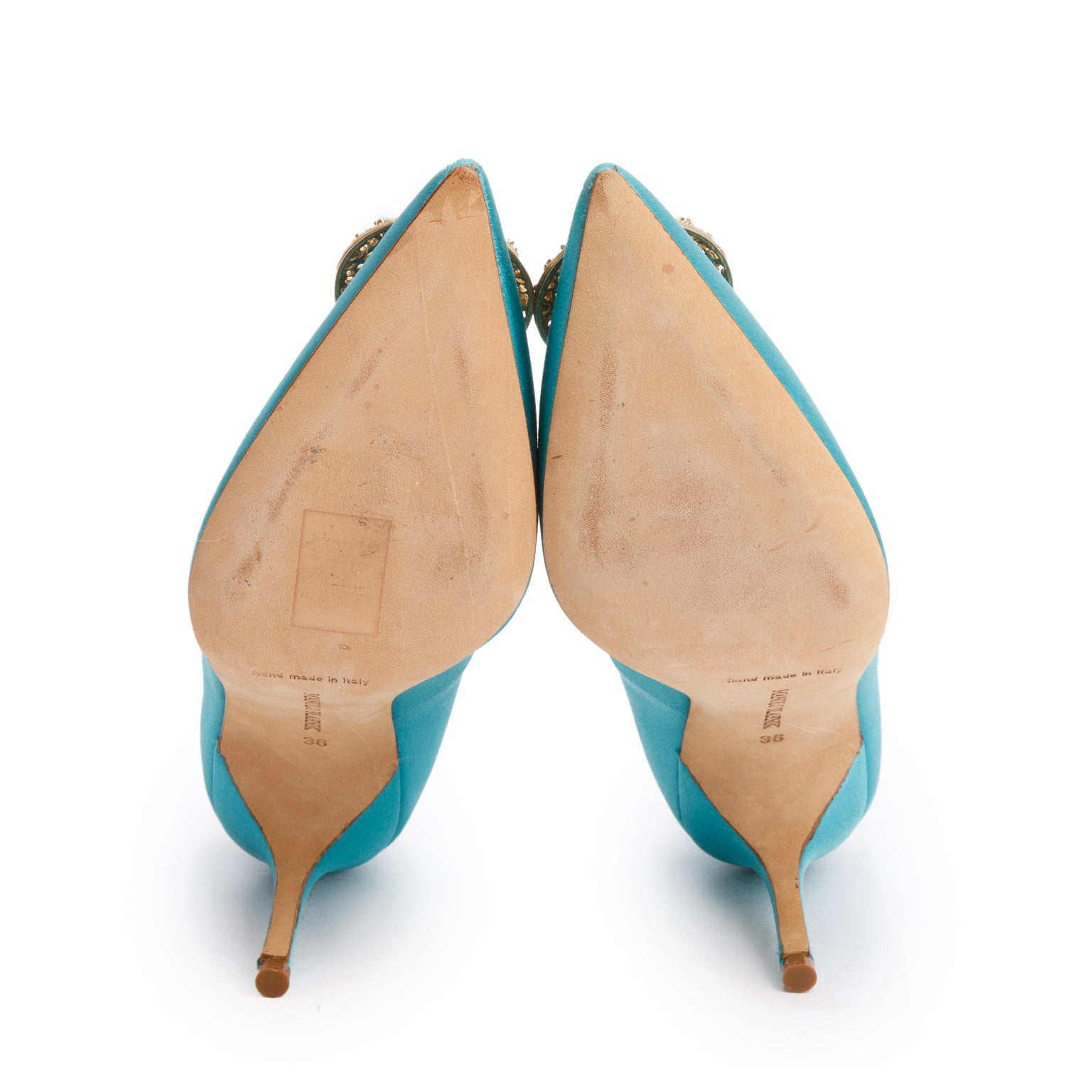 Manolo Blahnik Turquoise Satin Giuba Embellised Pumps, Size 36 w/ Box