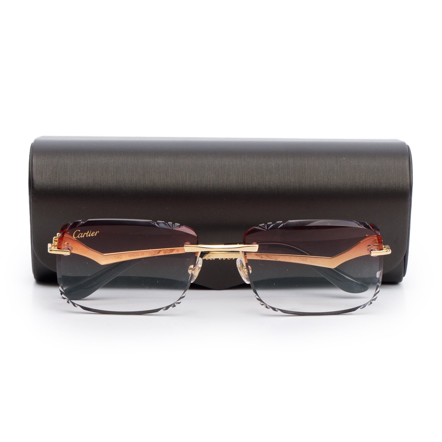 Cartier CT0120O Gold-Tone Rimless Diamond Cut Sunglasses w/ Case