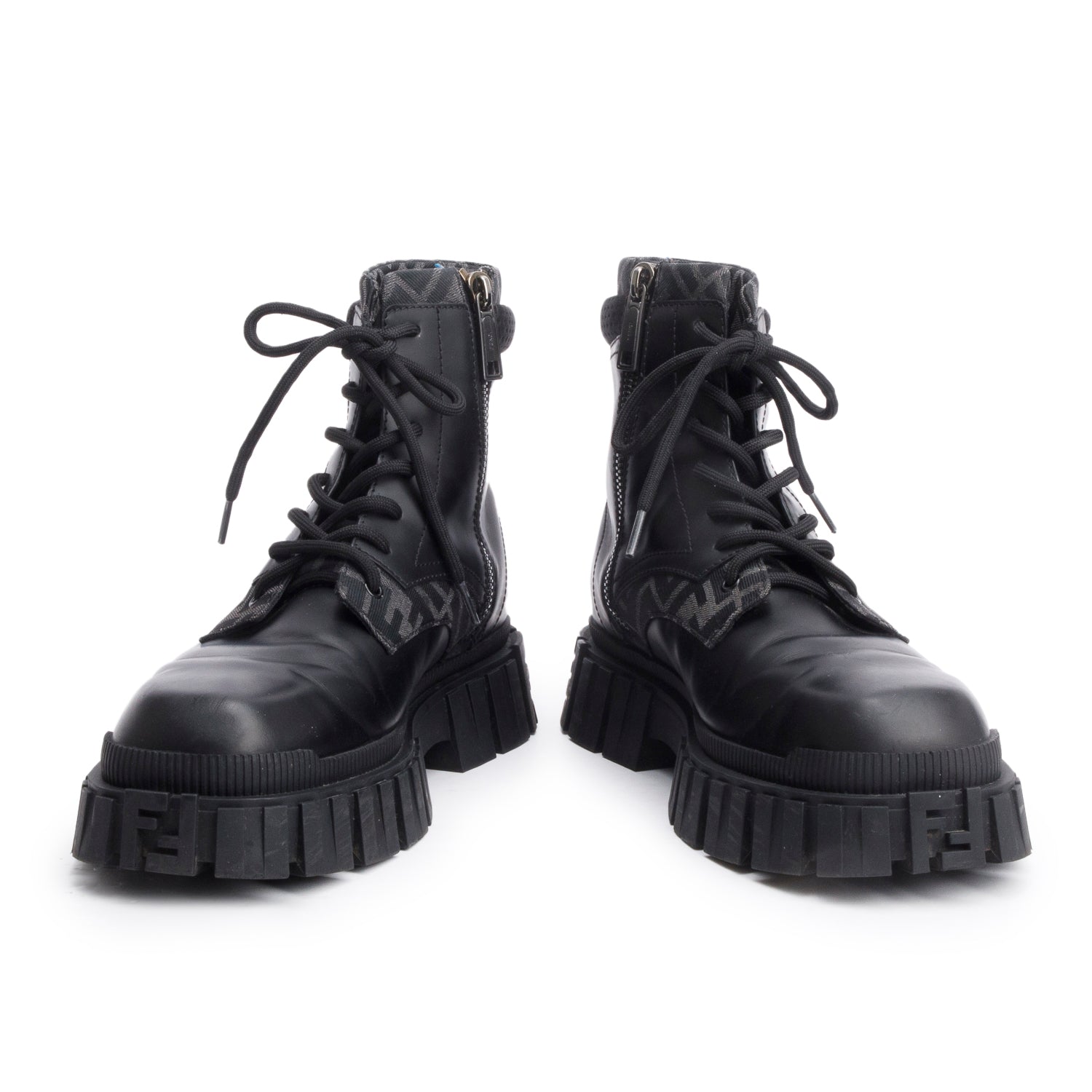 Fendi Black FF Canvas Black Leather Force Combat Boots, Men's Size 10