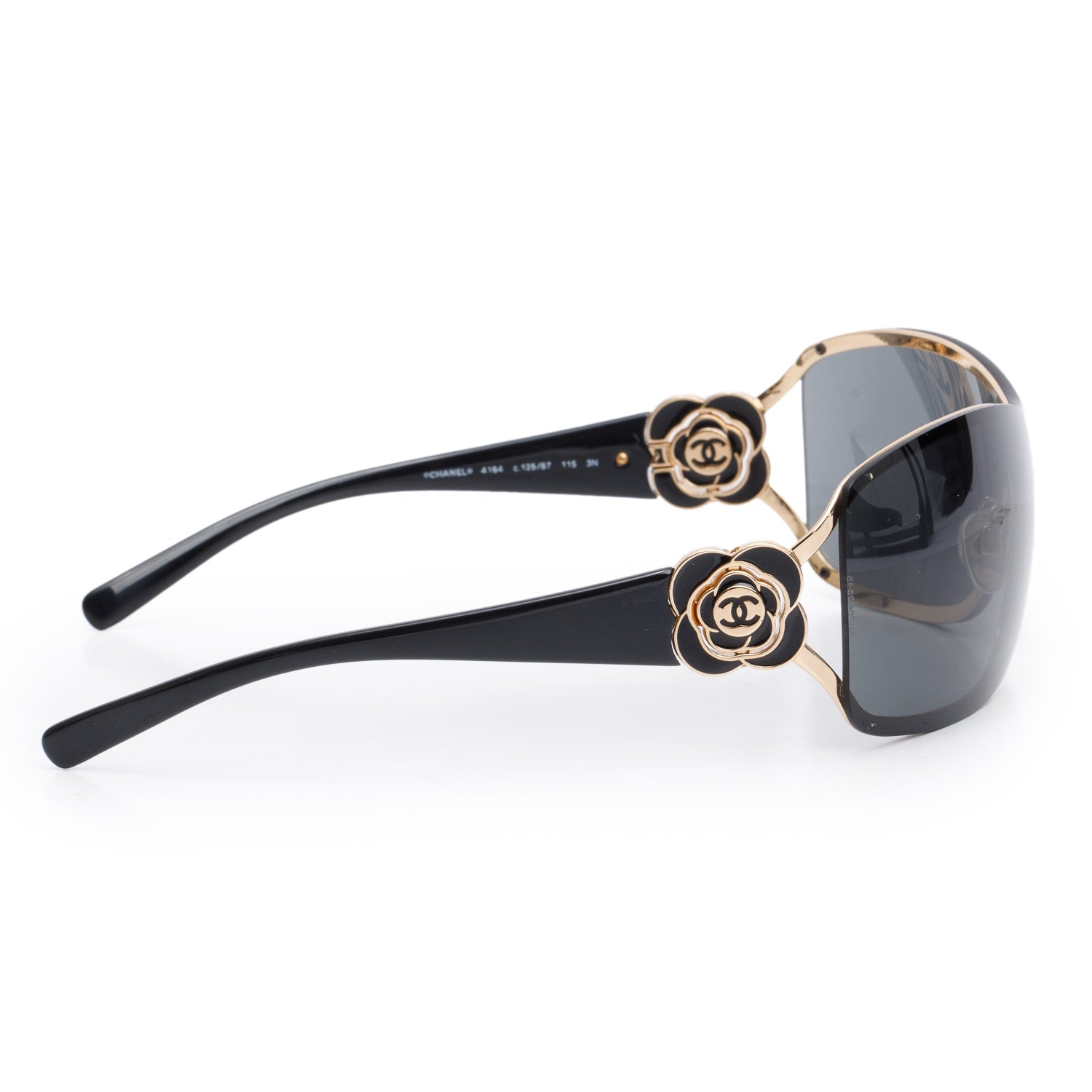 Chanel 4164 Black Acetate Enamel Camellia Shield Sunglasses w/ Case