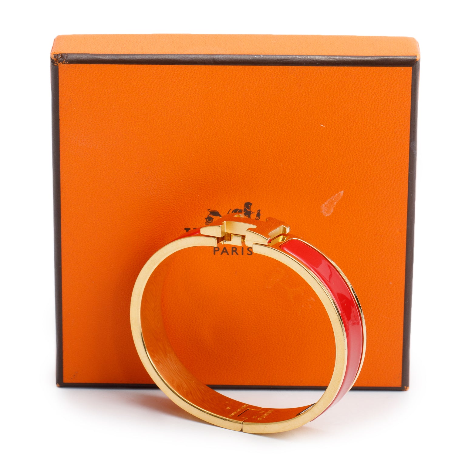 Hermes Yellow Gold Plated Red Enamel 12 MM Clic H Bracelet w/ Box