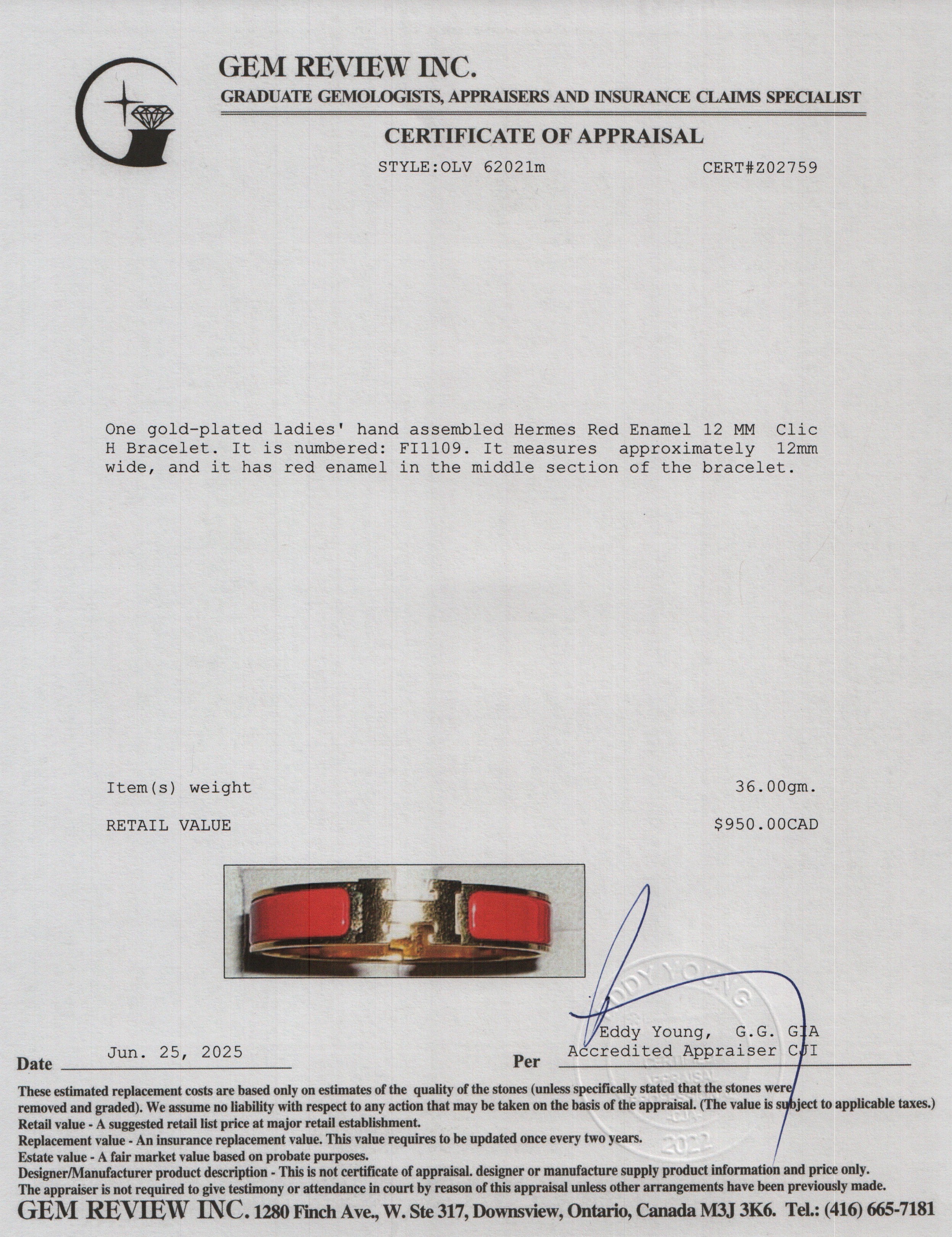 Hermes Yellow Gold Plated Red Enamel 12 MM Clic H Bracelet w/ Box