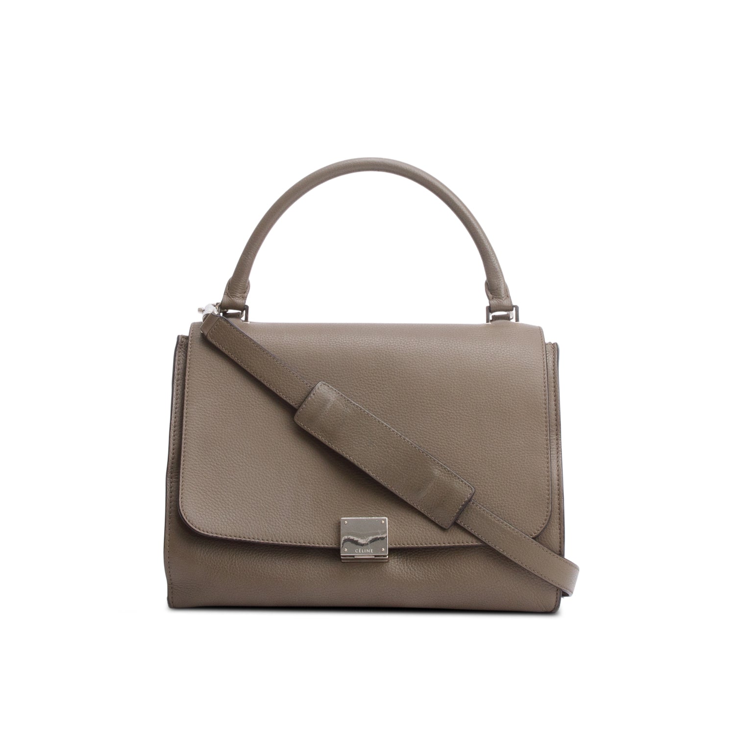 Celine Taupe Calfskin Leather Suede Trim Medium Trapeze Bag w/ Strap