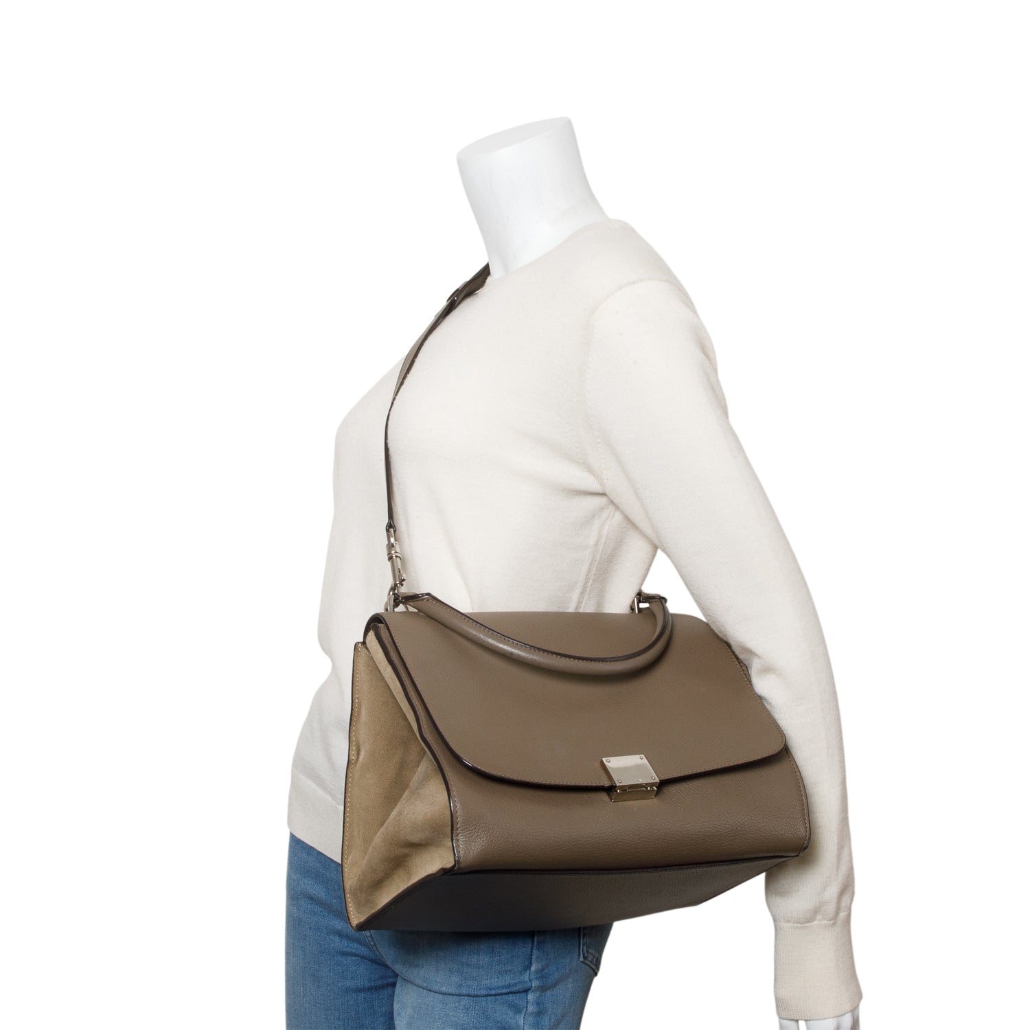 Celine Taupe Calfskin Leather Suede Trim Medium Trapeze Bag w/ Strap