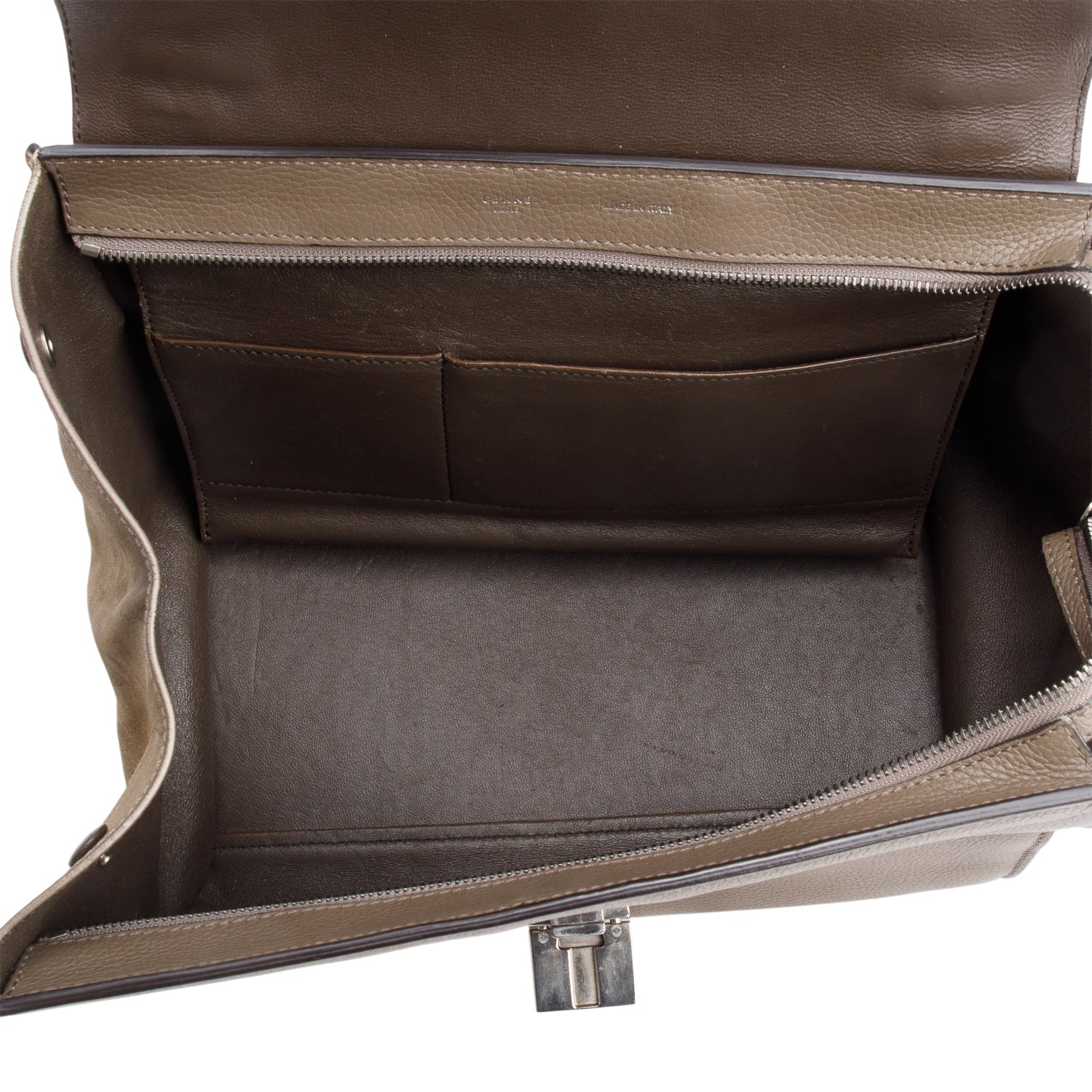 Celine Taupe Calfskin Leather Suede Trim Medium Trapeze Bag w/ Strap