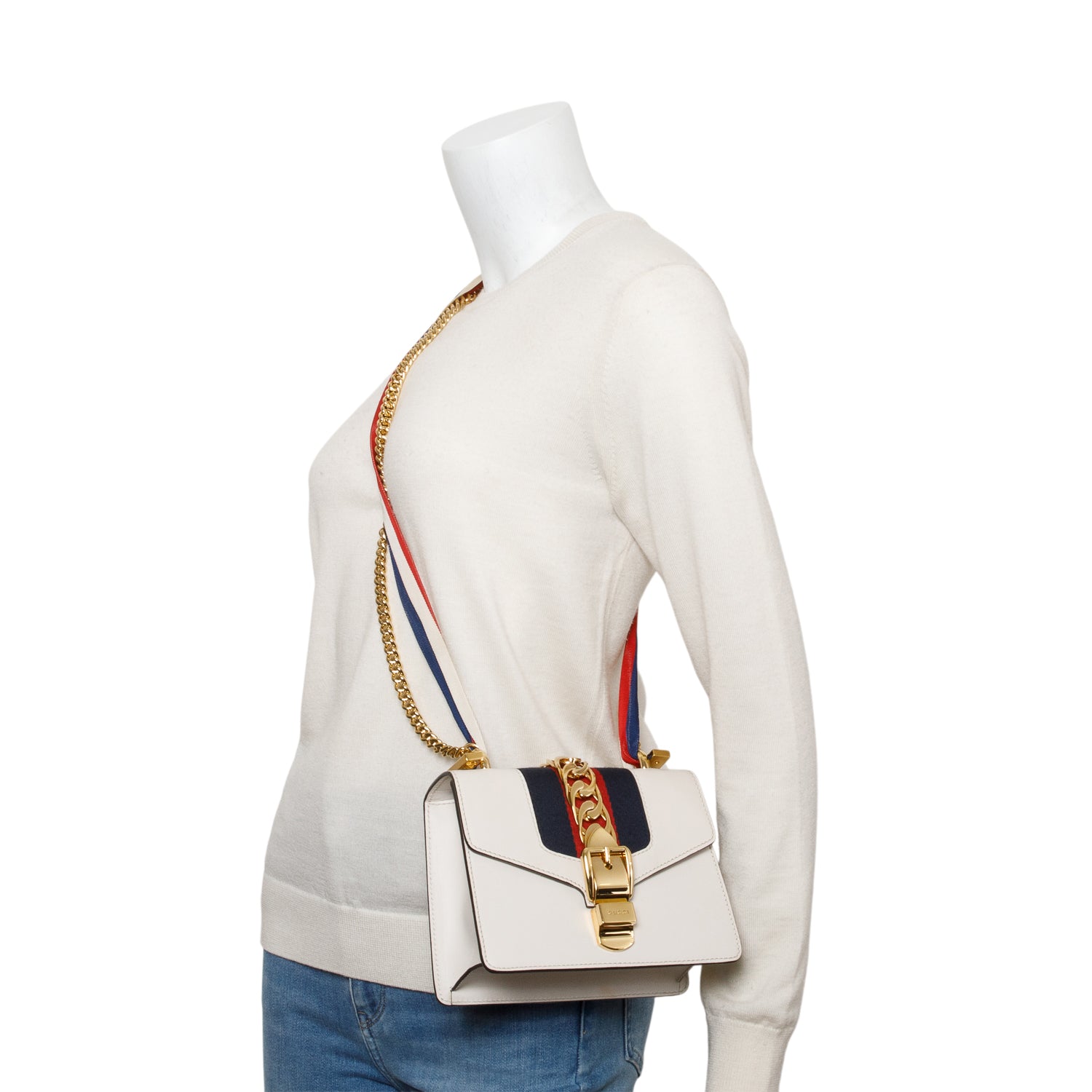 Gucci White Calfskin Leather Web Mini Sylvie Chain Shoulder Bag