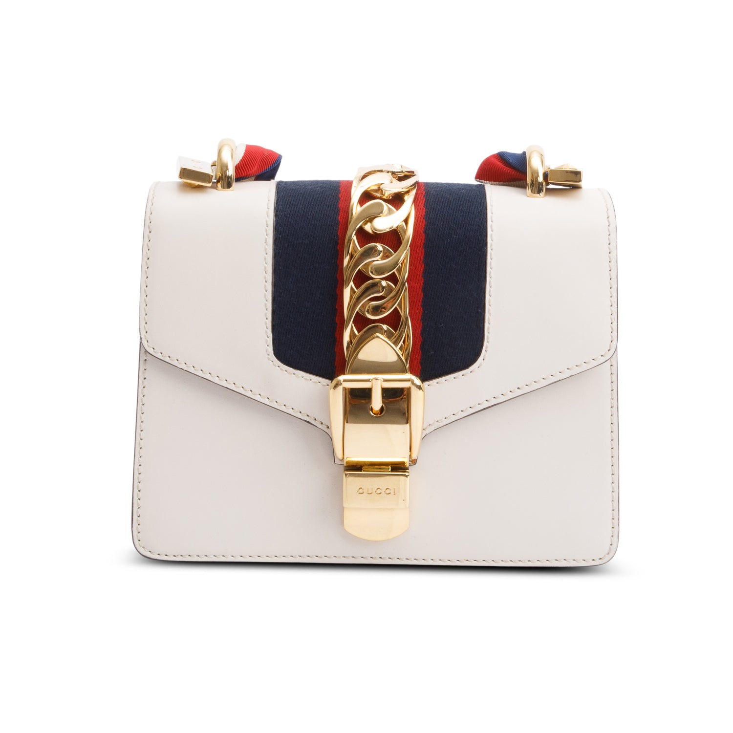 Gucci White Calfskin Leather Web Mini Sylvie Chain Shoulder Bag