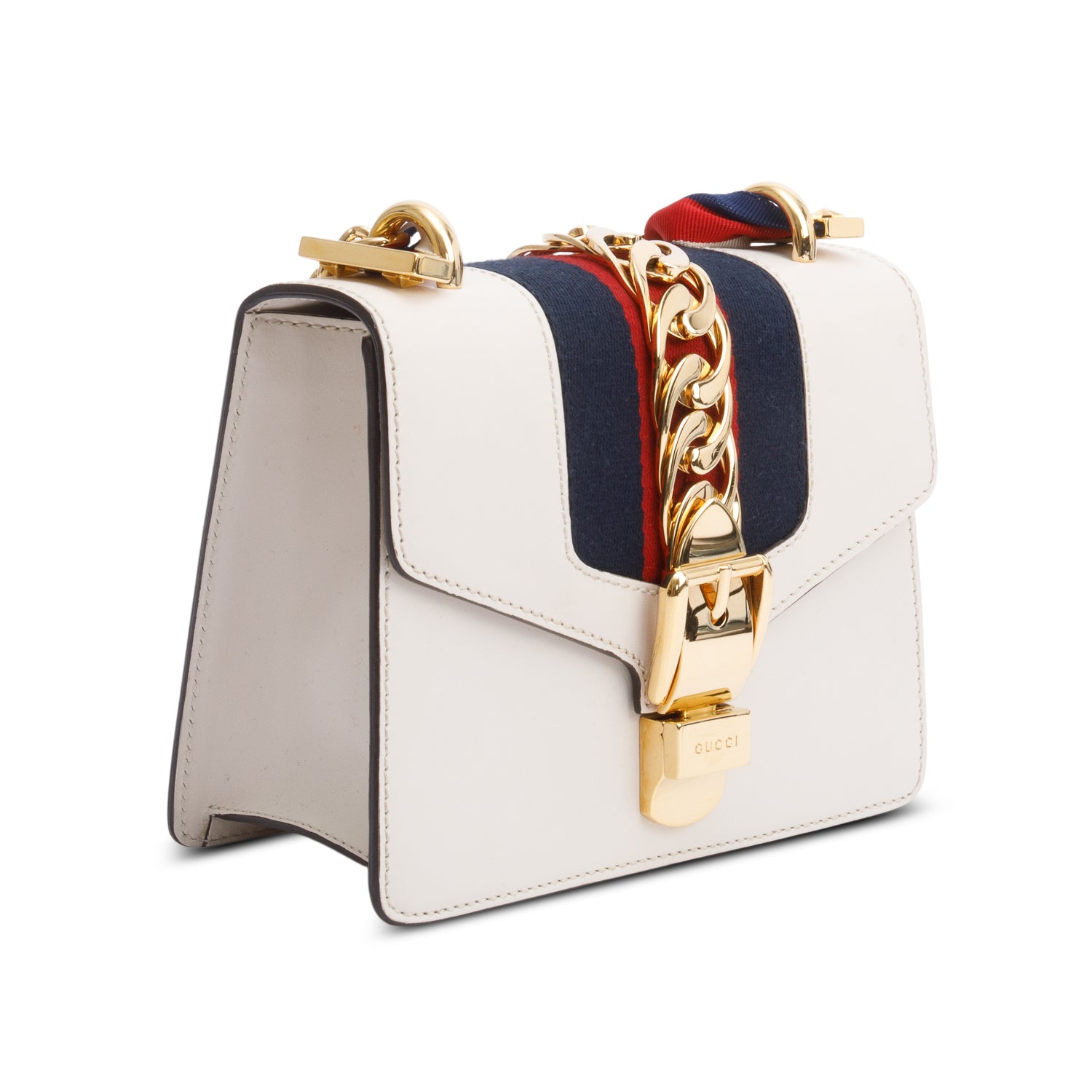 Gucci White Calfskin Leather Web Mini Sylvie Chain Shoulder Bag