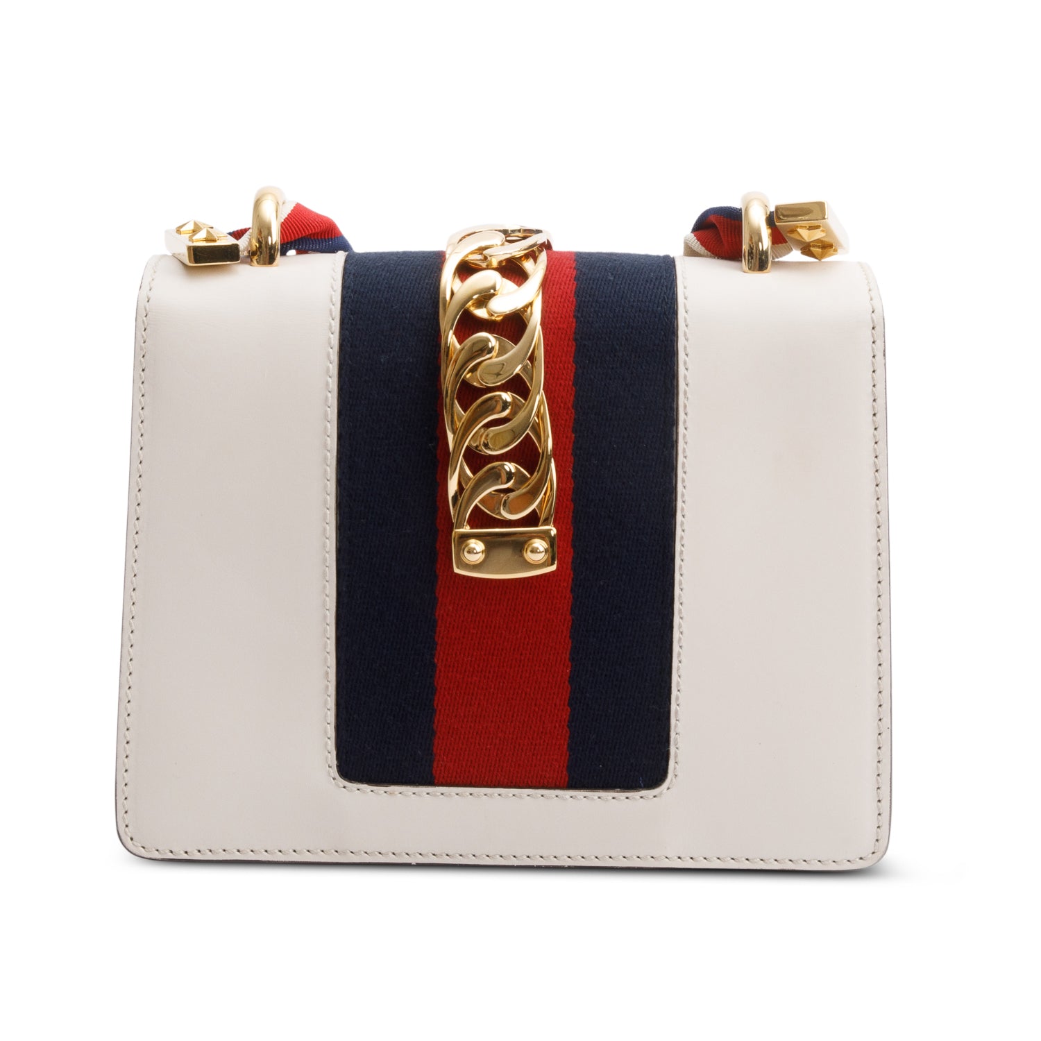 Gucci White Calfskin Leather Web Mini Sylvie Chain Shoulder Bag