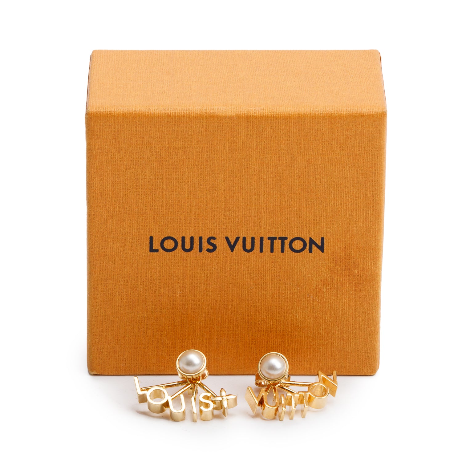 Louis Vuitton 2023 Gold-Plated Faux Pearl LV Spelling Earrings w/ Box & Receipt