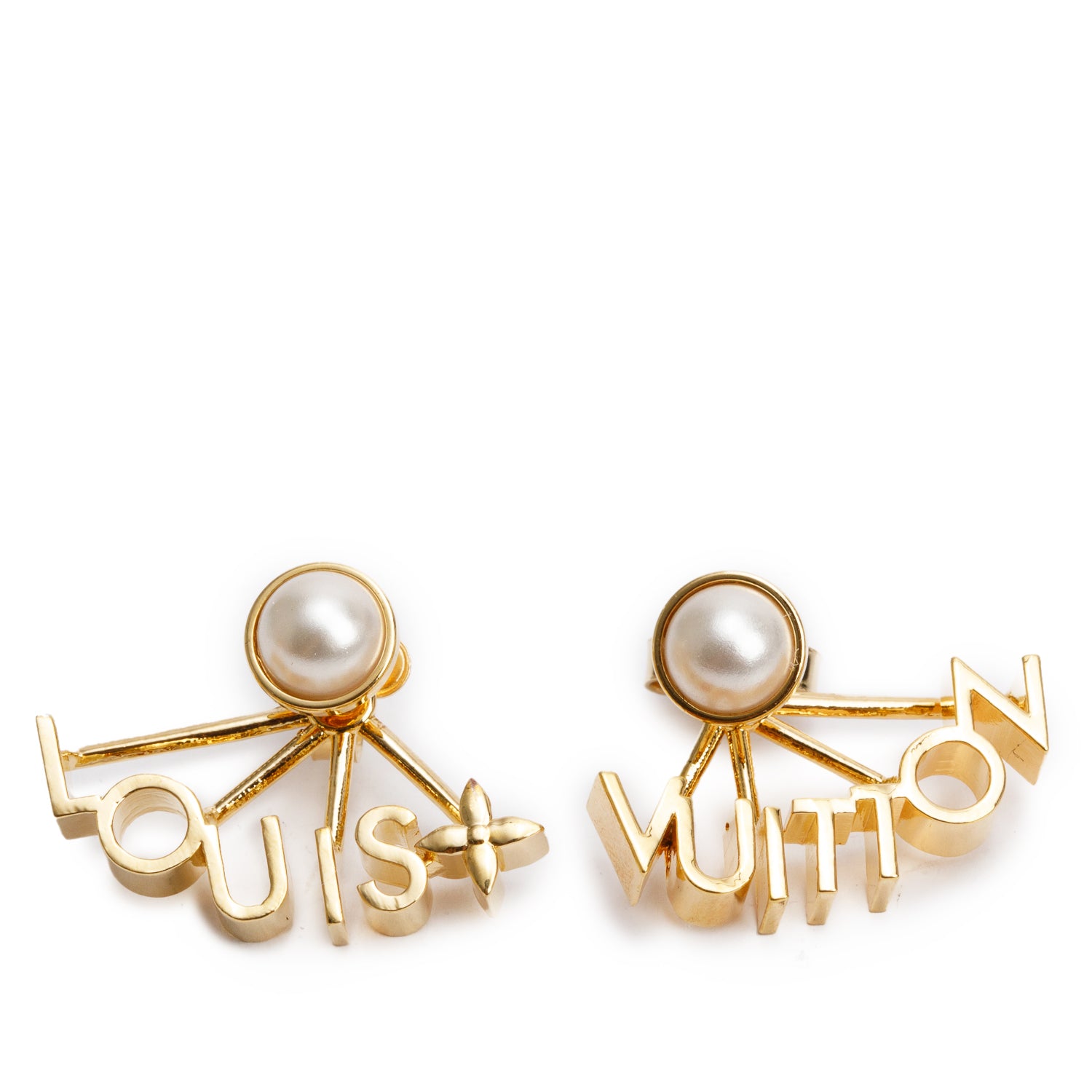 Louis Vuitton 2023 Gold-Plated Faux Pearl LV Spelling Earrings w/ Box & Receipt