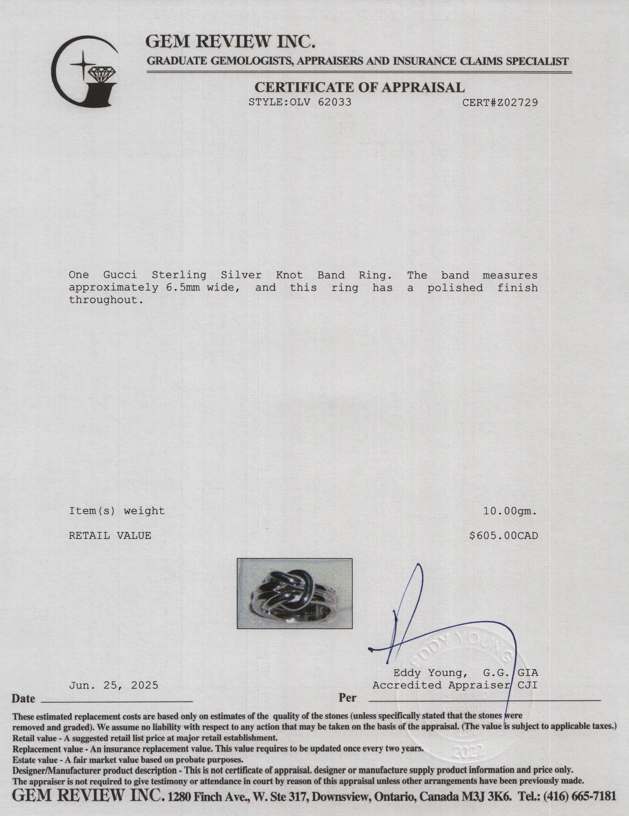 Gucci Sterling Silver Knot Band Ring, Size 18 8.5 w/ Box