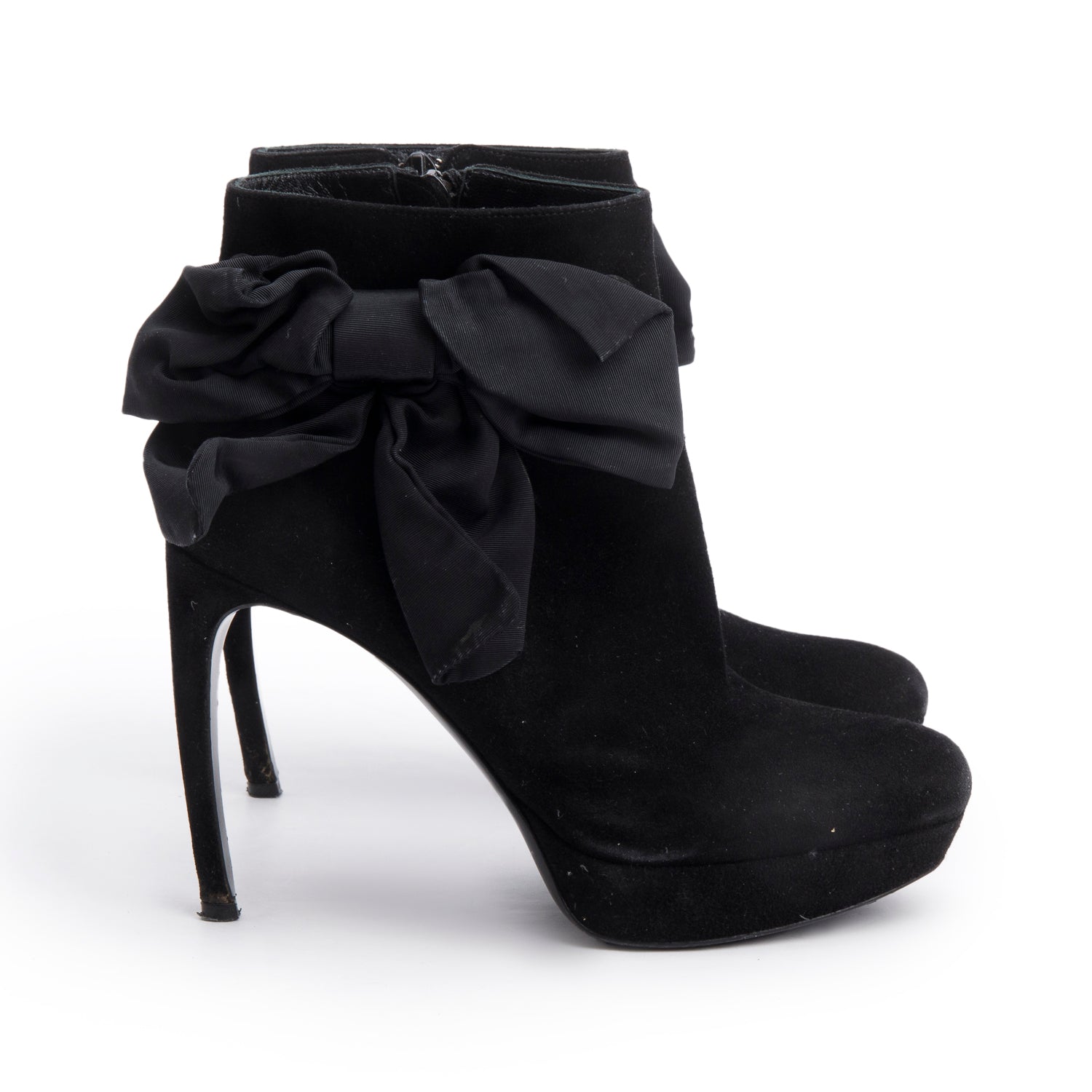 Alexander McQueen Black Suede Bow Ankle Boots, Size 37