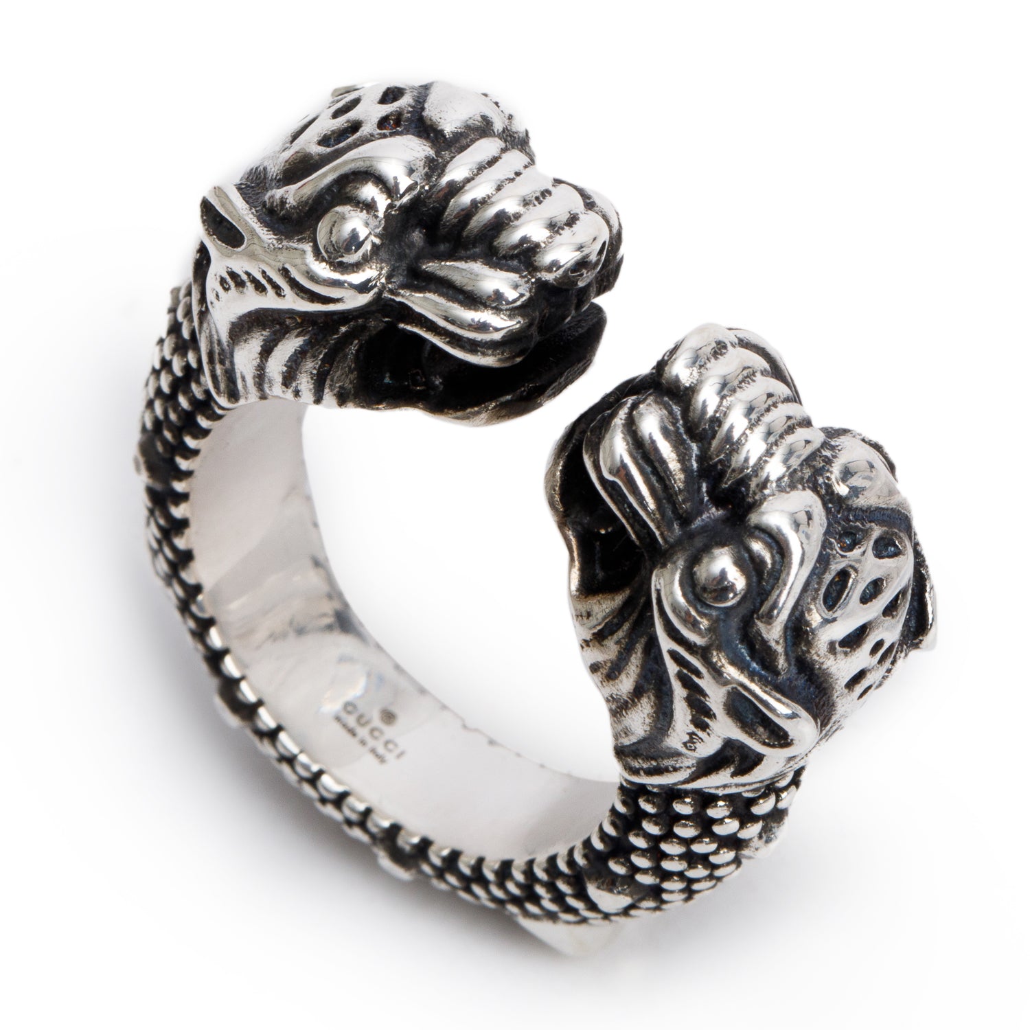 Gucci Sterling Silver Double Tiger Head Open Ring, Size 20 9.5 w/ Box