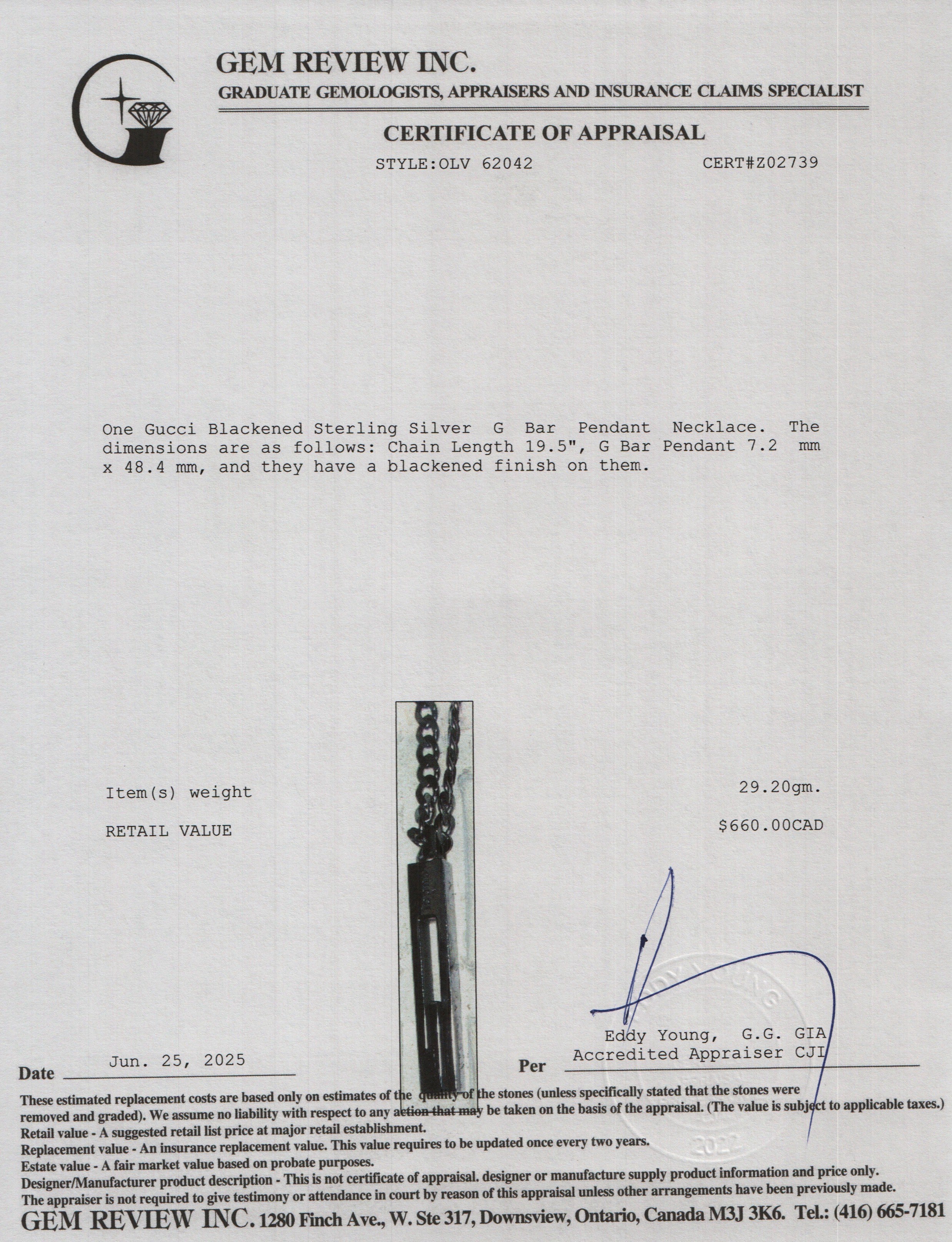 Gucci Blackened Sterling Silver G Bar Pendant Necklace w/ Box
