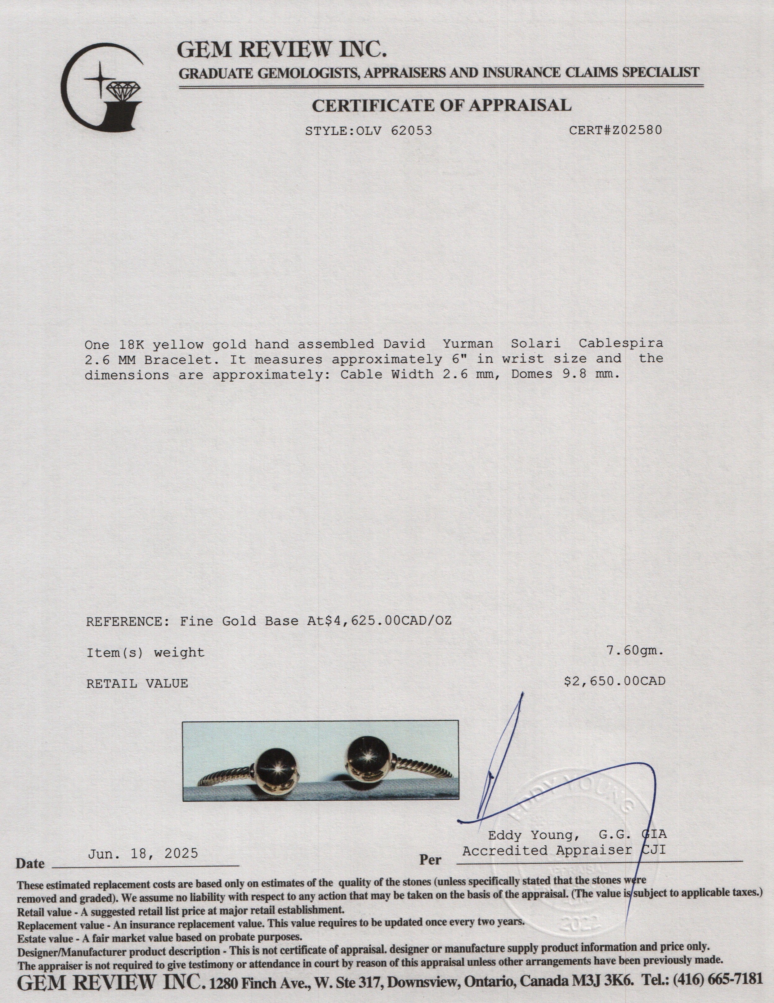 David Yurman 18k Yellow Gold Solari Cablespira 2.6 MM Bracelet w/ Box