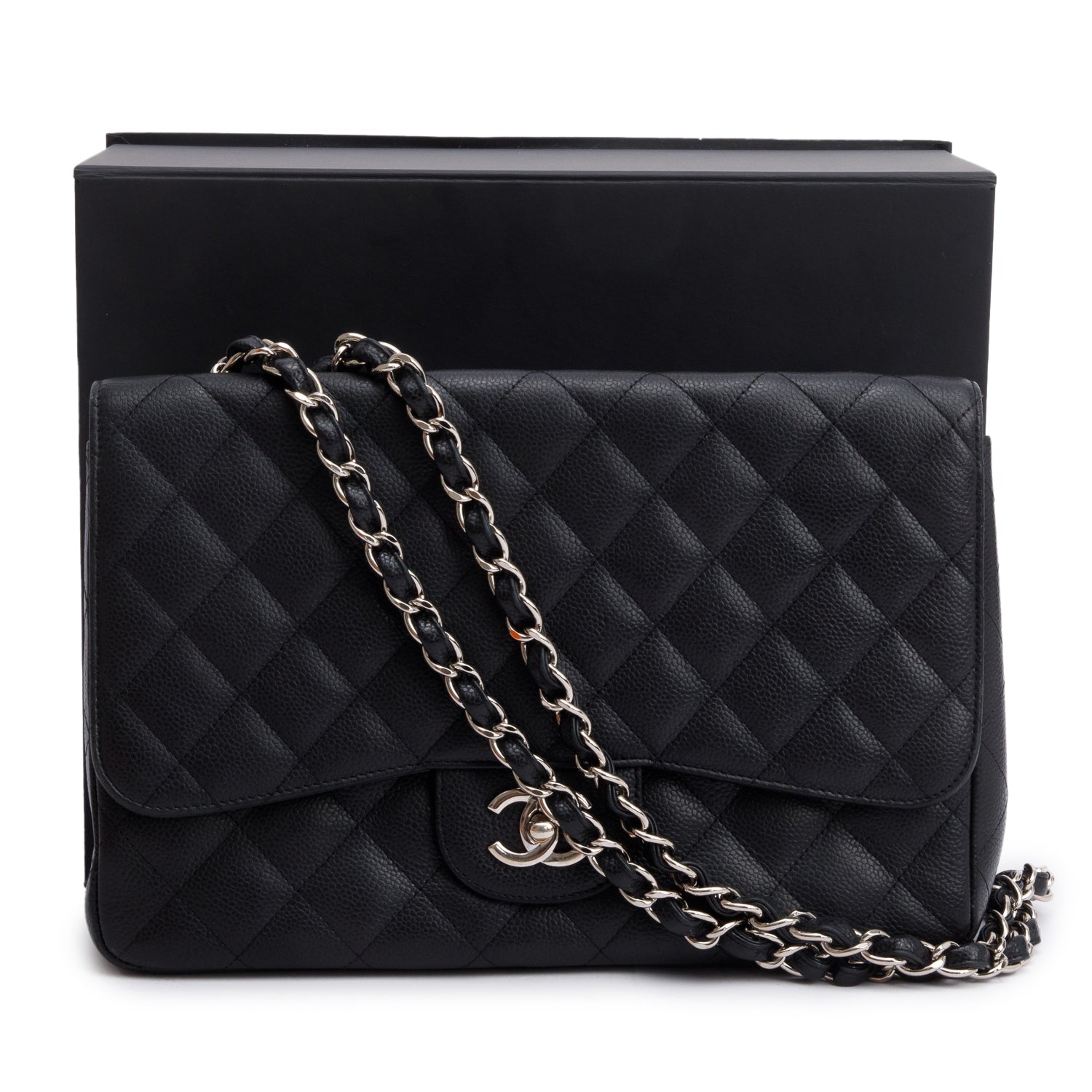 Chanel Black Caviar Classic Jumbo Single Flap Bag w/ Box