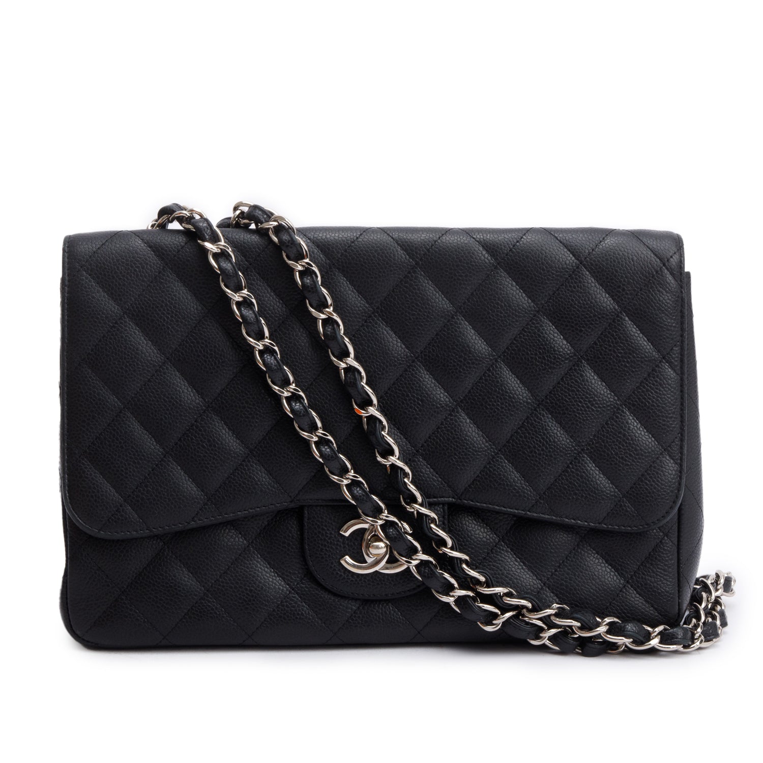 Chanel Black Caviar Classic Jumbo Single Flap Bag w/ Box