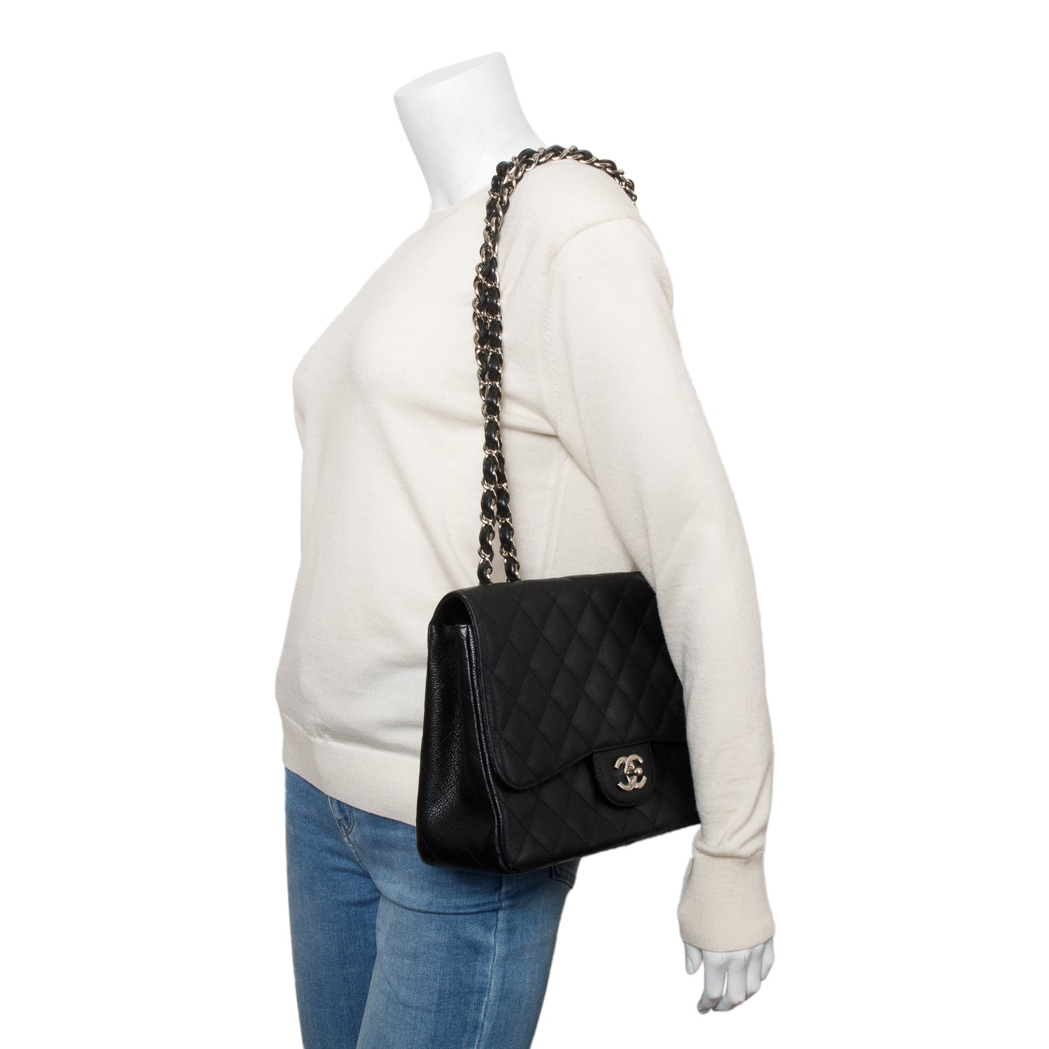 Chanel Black Caviar Classic Jumbo Single Flap Bag w/ Box