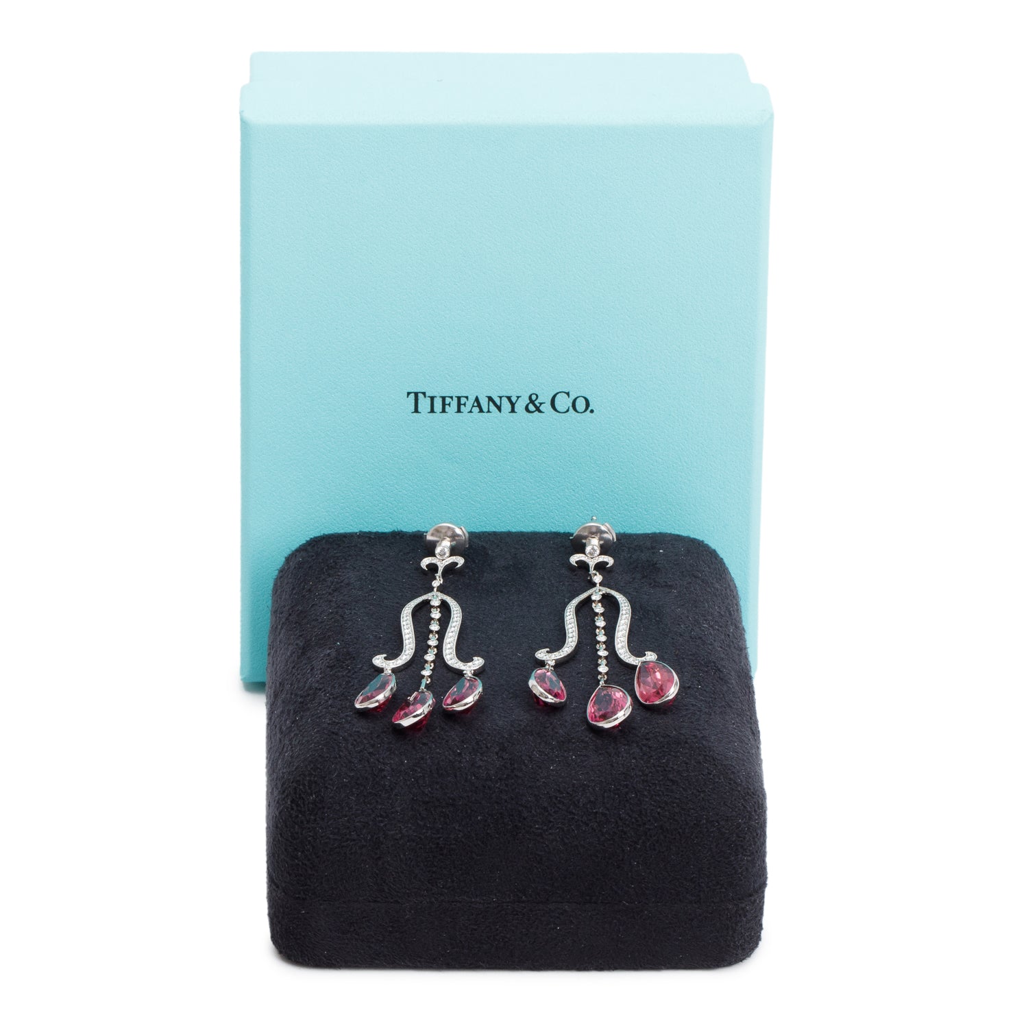 Tiffany & Co. Platinum Pink Tourmaline & Diamond Drop Earrings w/ Box