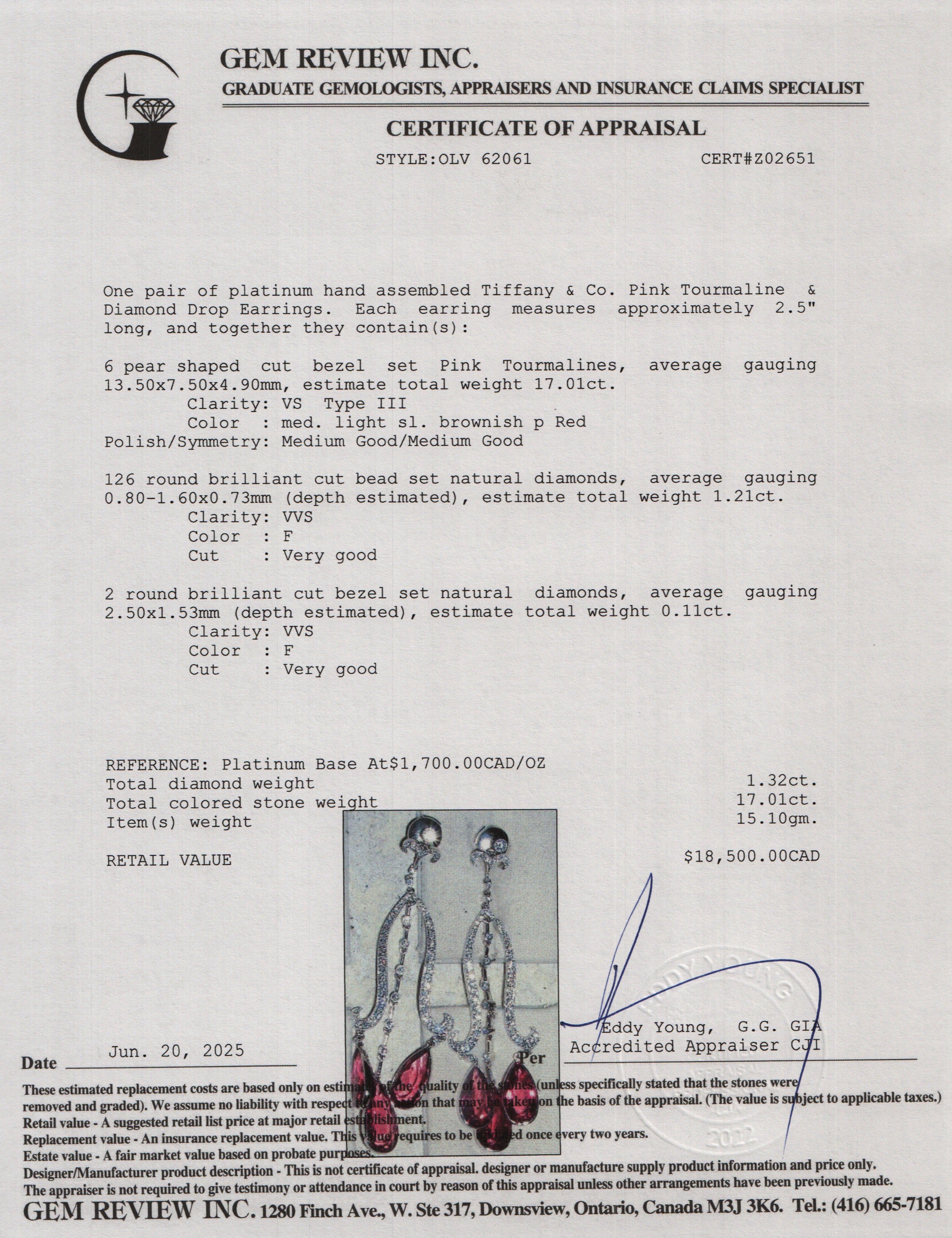 Tiffany & Co. Platinum Pink Tourmaline & Diamond Drop Earrings w/ Box