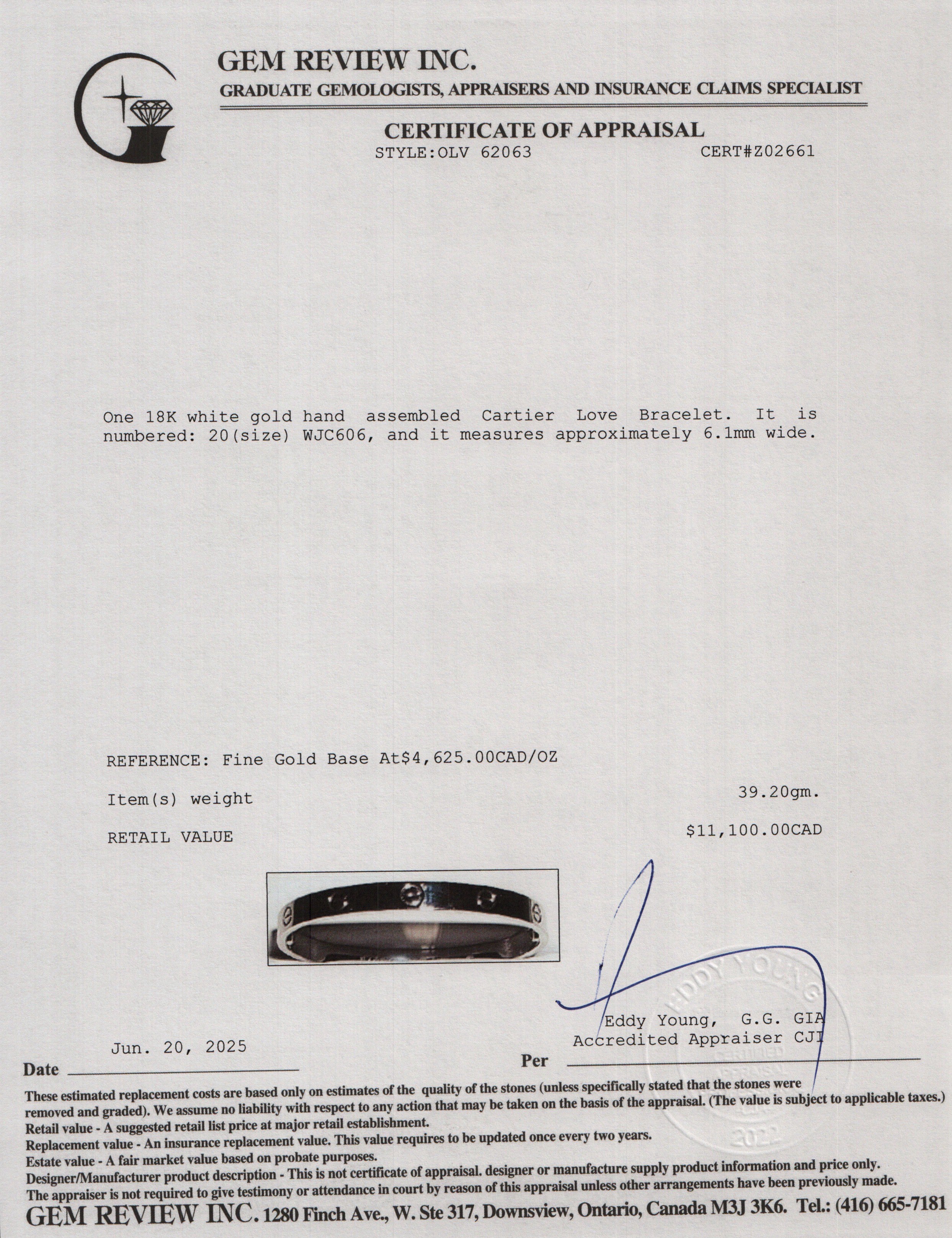 Cartier 2024 18k White Gold Love Bracelet, Size 20 w/ Box, Receipt & Certificate