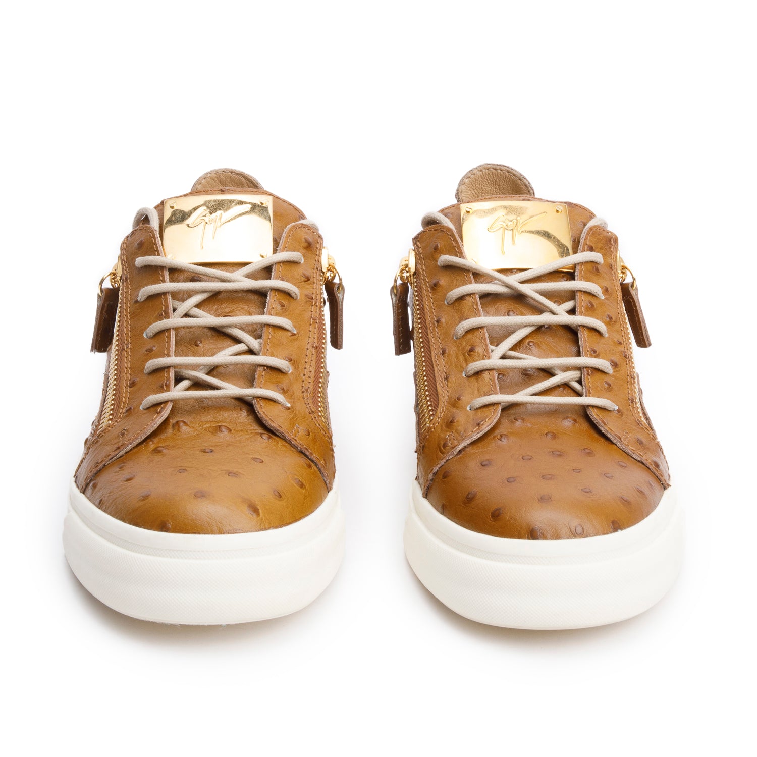Giuseppe Zanotti Brown Ostrich Leather Lace-Top Sneakers, Size 42