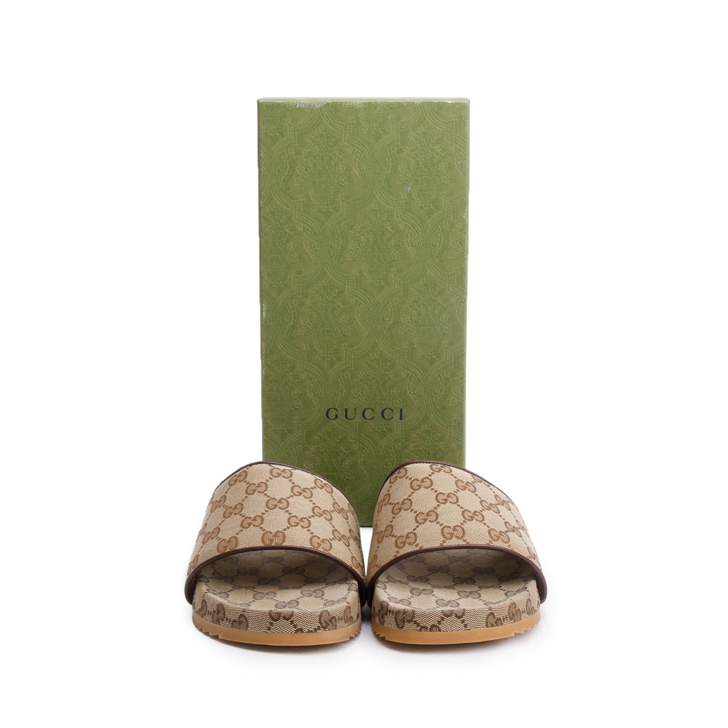 Gucci Beige GG Monogram Granada Kid Canvas Slides, Size 8 w/Box