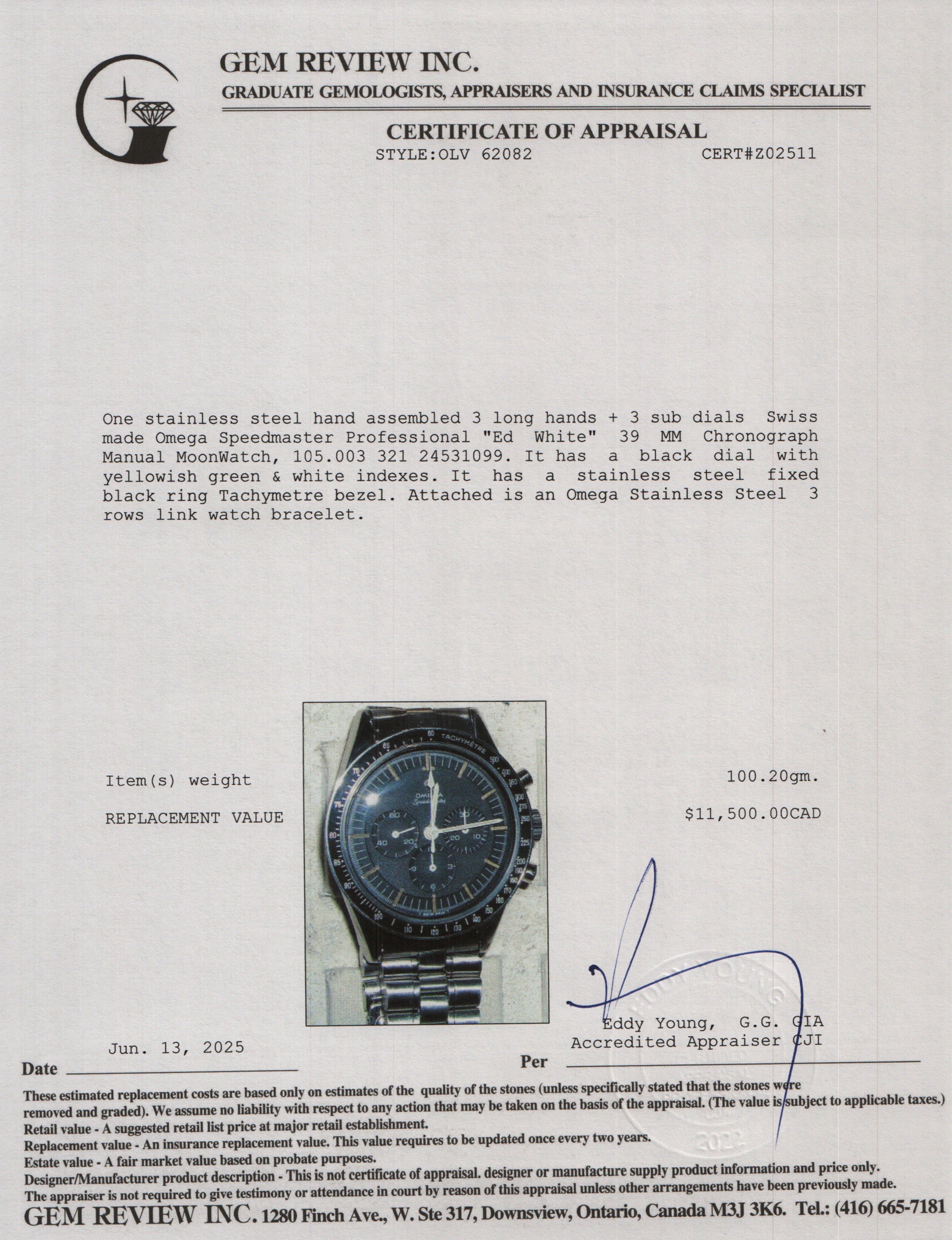 Omega Stainless Steel Speedmaster Professional "Ed White" 39 MM Chronograph Manual MoonWatch w/ Service Papers
