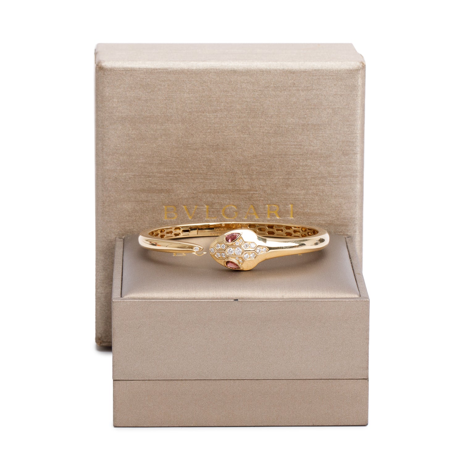BVLGARI 18k Yellow Gold Diamond & Rubellite Serpenti Seduttori Bracelet, Size S w/ Box