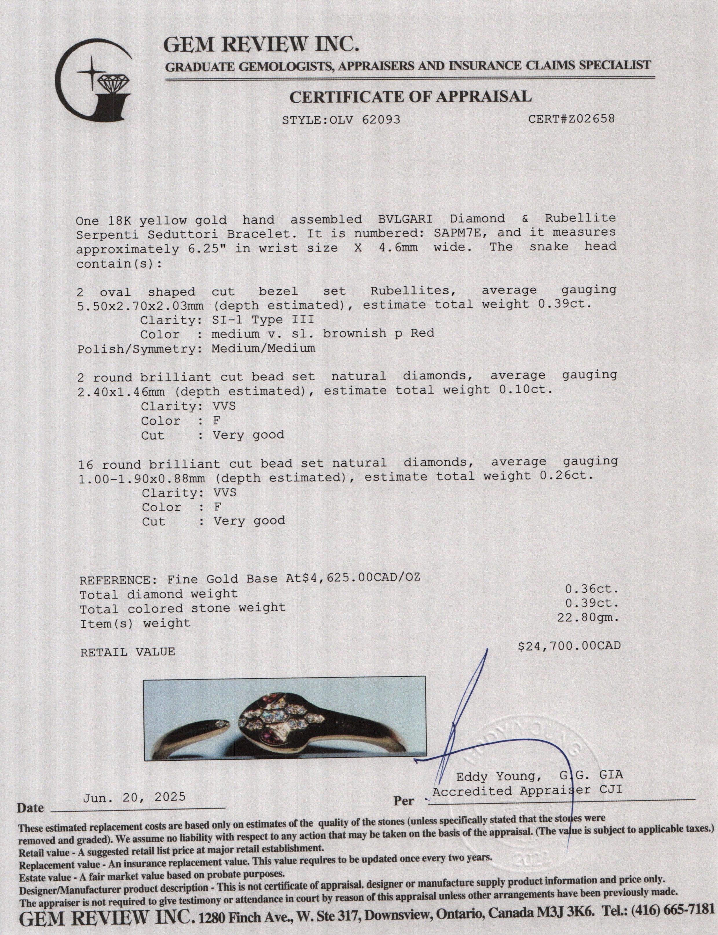 BVLGARI 18k Yellow Gold Diamond & Rubellite Serpenti Seduttori Bracelet, Size S w/ Box