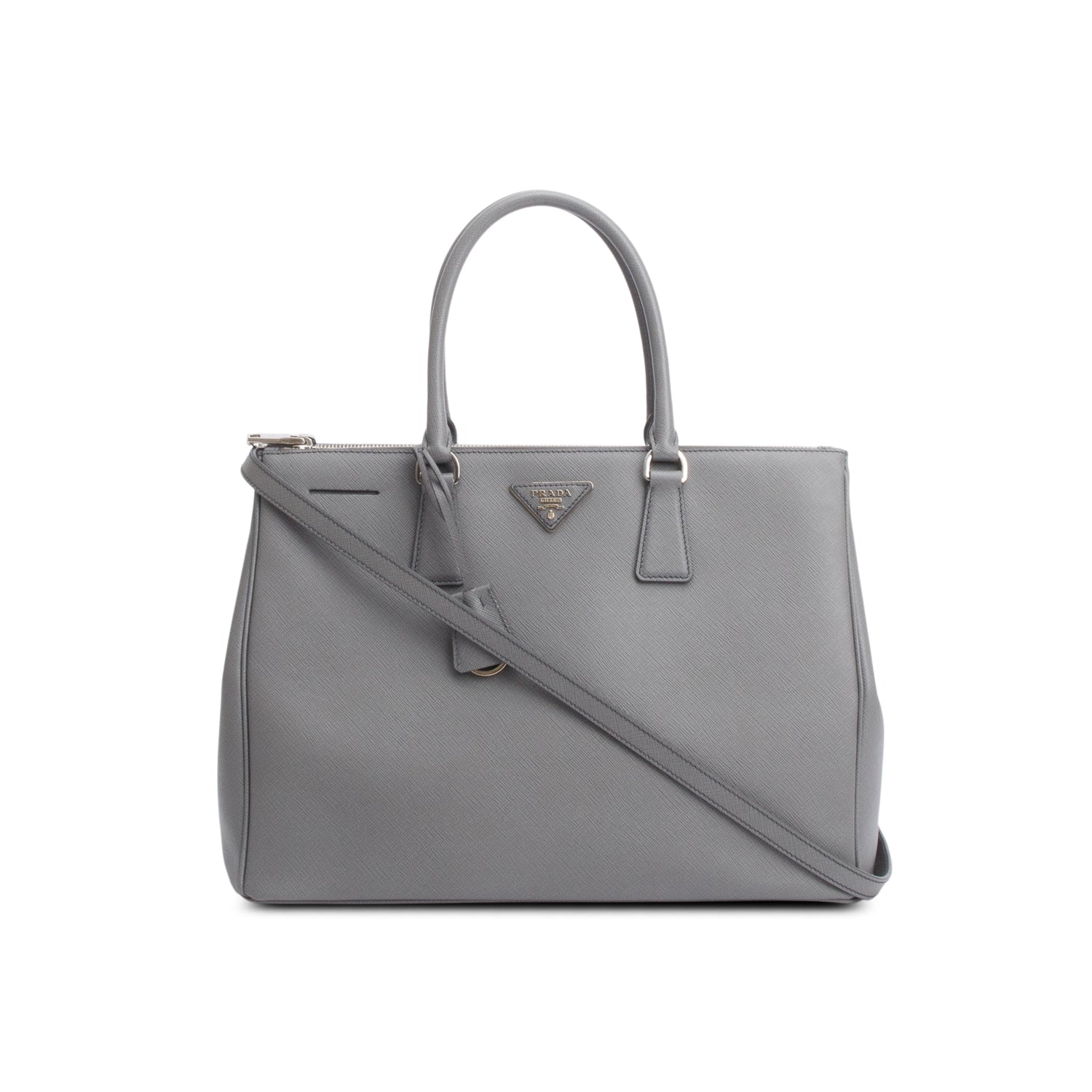 Prada Grey Saffiano Lux Large Double Zip Galleria Tote w/ Strap & Authenticity Card