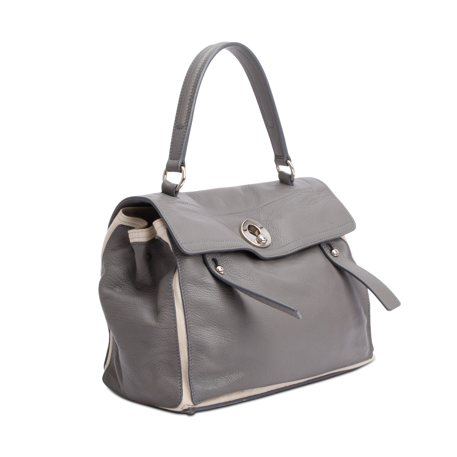 Saint Laurent Grey Leather Neutral Canvas Trim Muse Two Bag