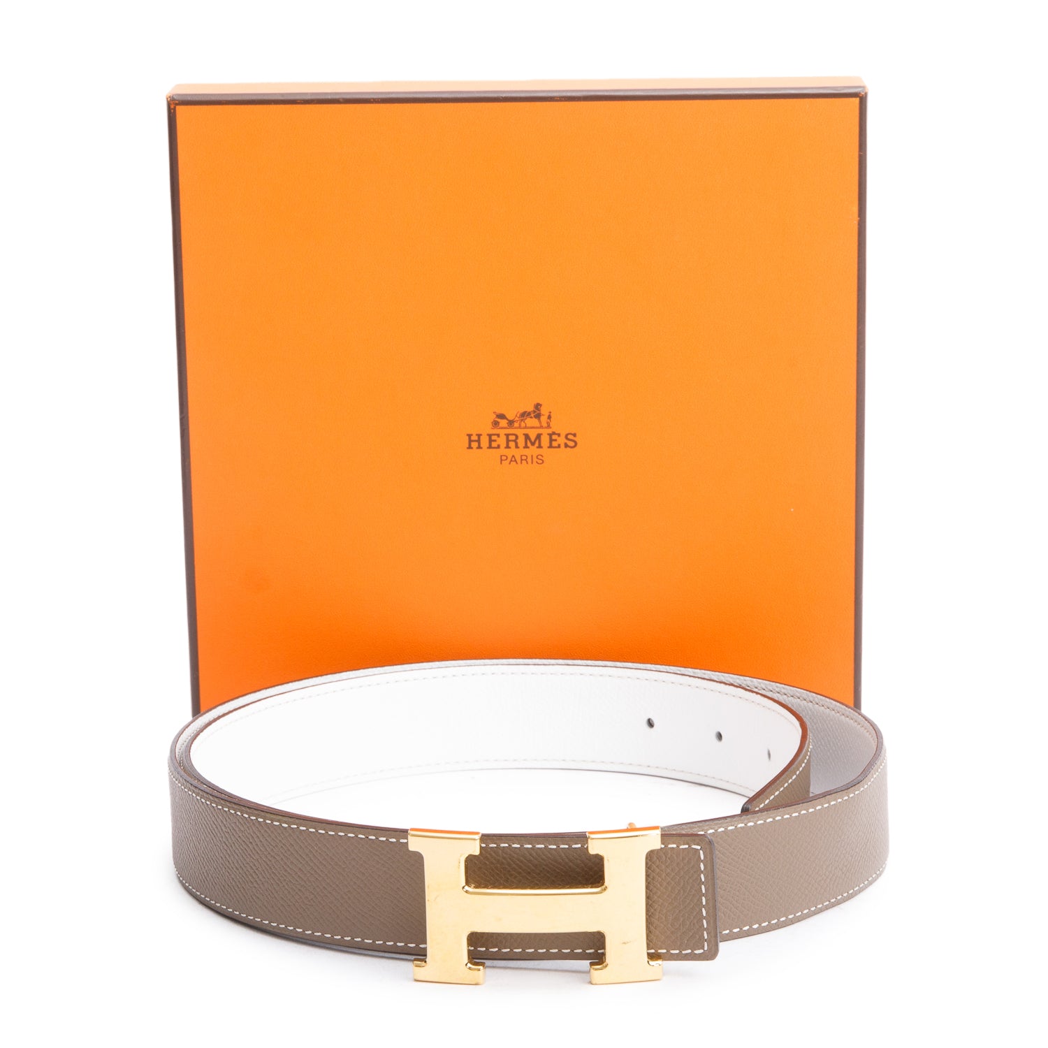 Hermes Blanc/Gris Neve Reversible Leather 32 MM H Belt Kit, Size 95 w/ Box