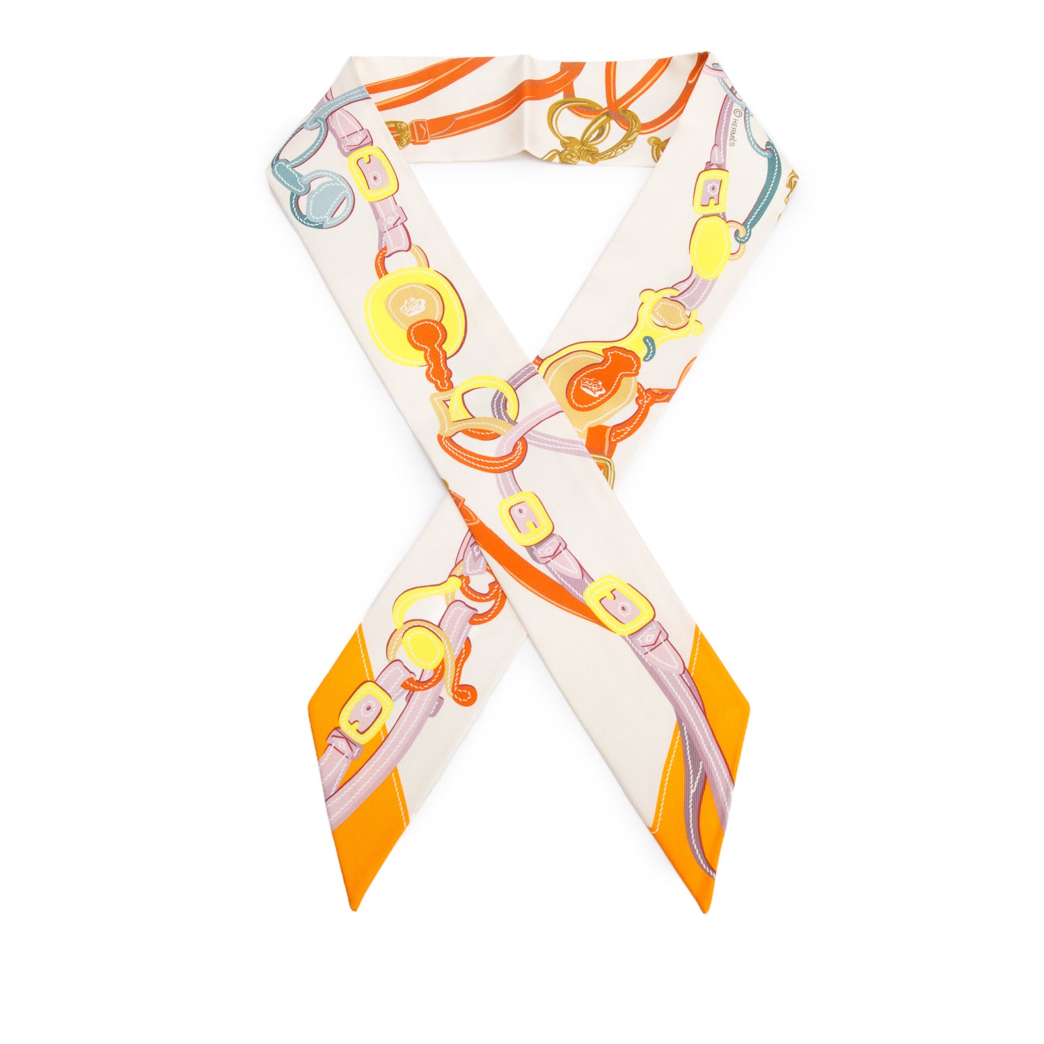 Hermes Creme/Orange 'Brides de Gala Applique Pique' Silk Twilly
