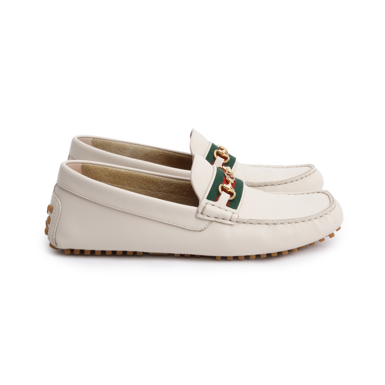 Gucci White Ayrton Horsebit Web Driving Loafers, Size 9 w/ Box