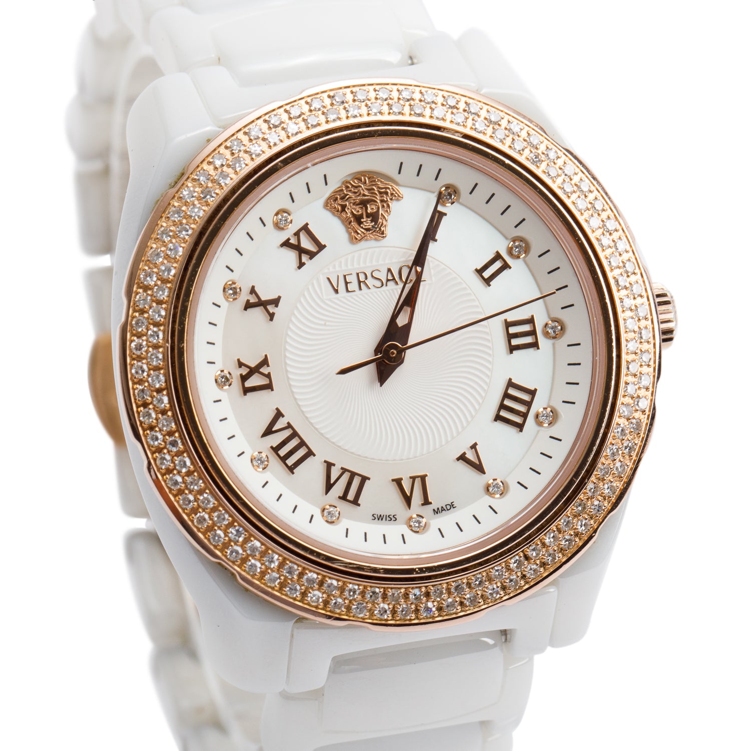 Versace Rose Gold-Plated Stainless Steel & White Ceramic Diamond Bezel & Dial DV One 35 MM Quartz Watch