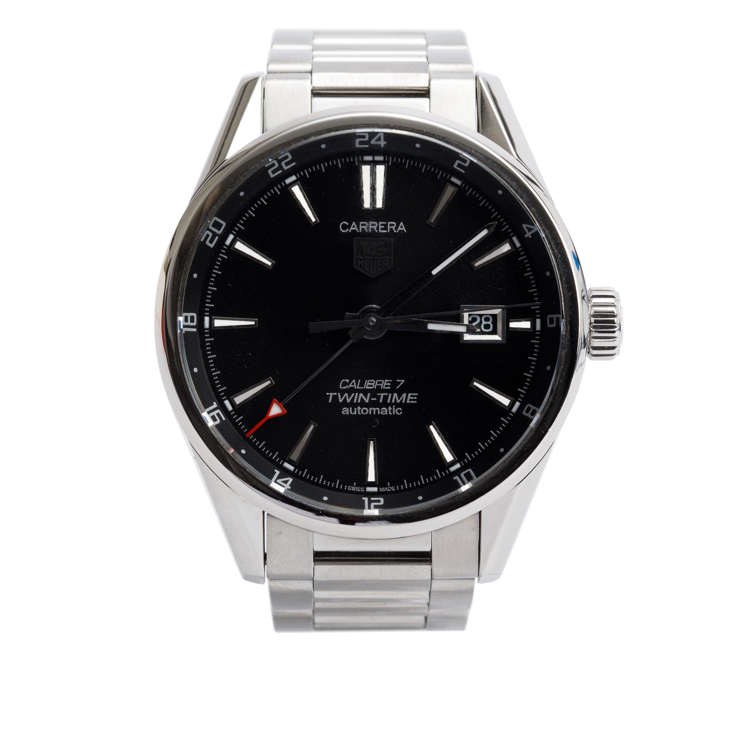 Tag Heuer Stainless Steel Carrera Date Calibre 7 Twin-Time 41 MM Automatic Watch WAR2010-1 w/ Box