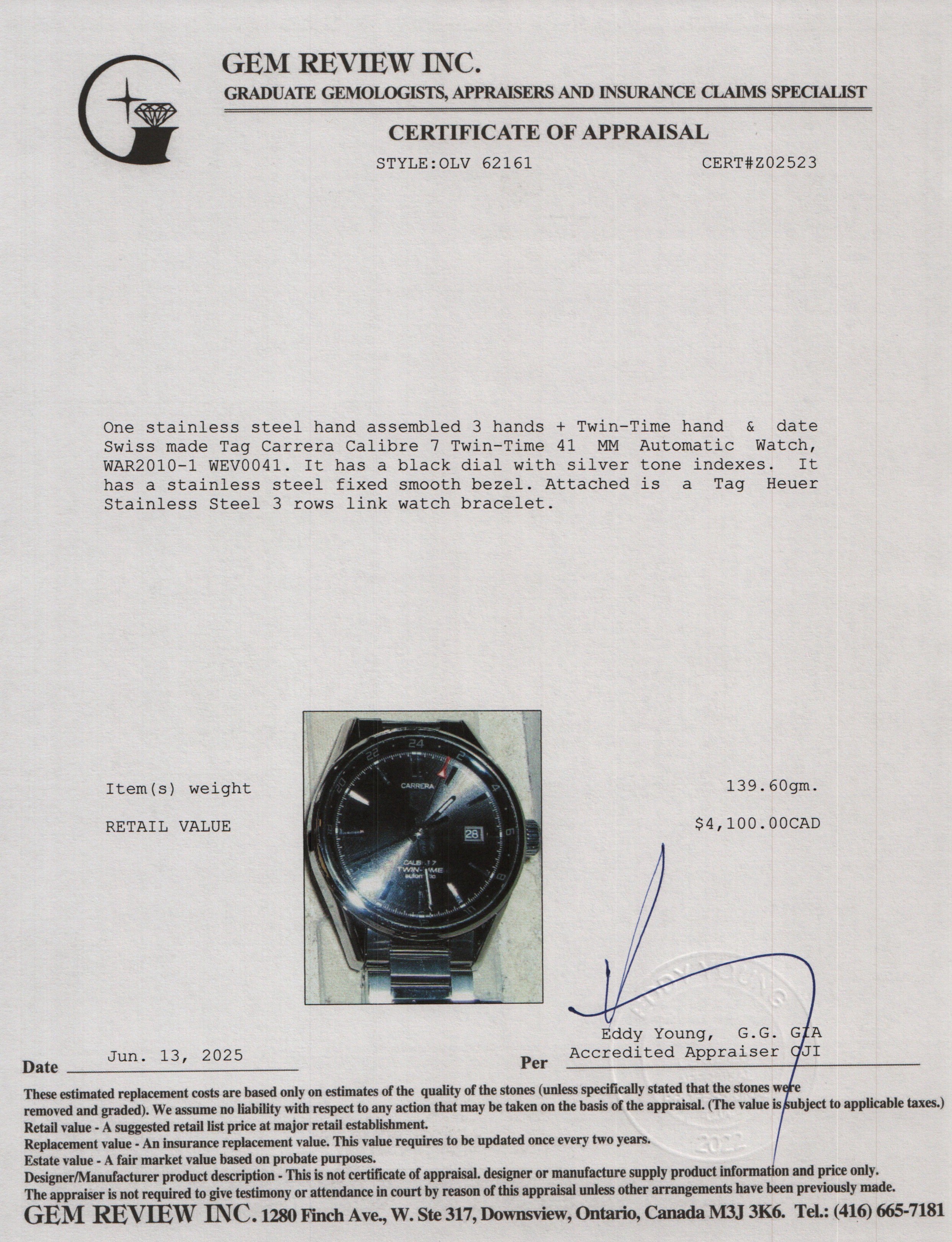 Tag Heuer Stainless Steel Carrera Date Calibre 7 Twin-Time 41 MM Automatic Watch WAR2010-1 w/ Box